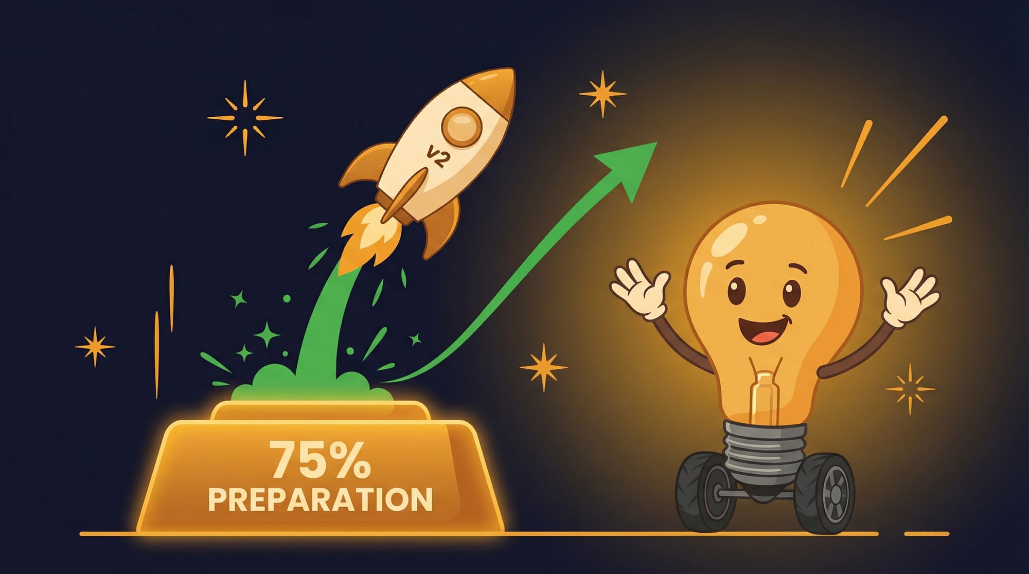 Flick the lightbulb mascot celebrates as a v2 rocket launches successfully from a solid 75% preparation foundation with green success sparks