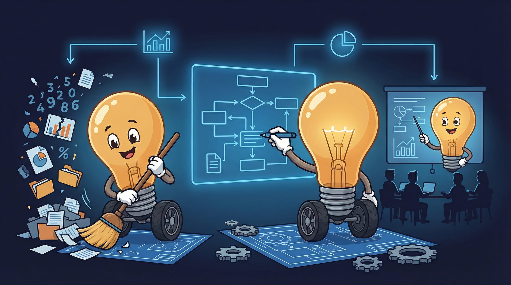 Flick the lightbulb mascot confidently organizes a workspace — cleaning data, setting up processes, and training a team for the 75% preparation work