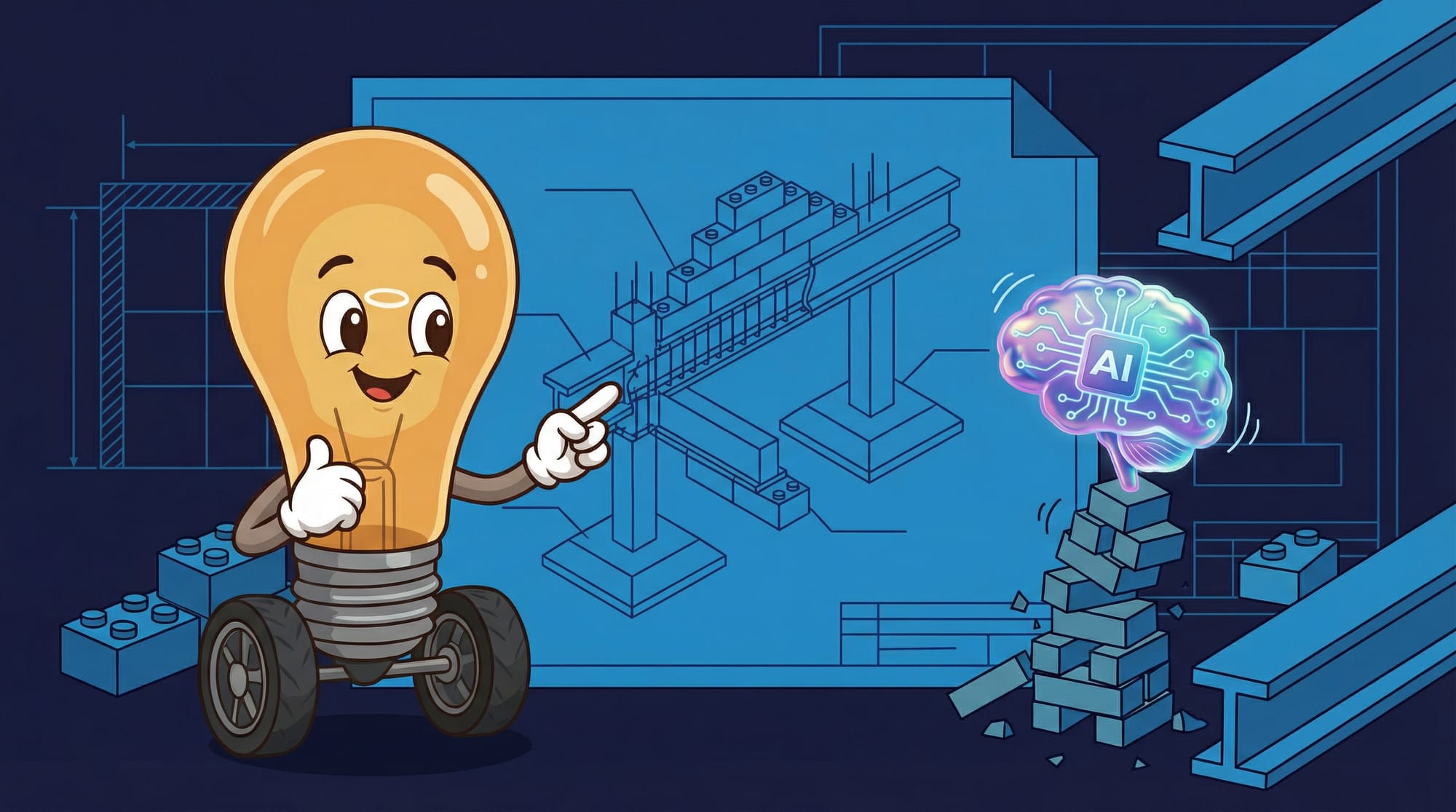 Flick the lightbulb mascot confidently points at a solid architectural blueprint while a flashy but wobbly AI model icon teeters on a weak base