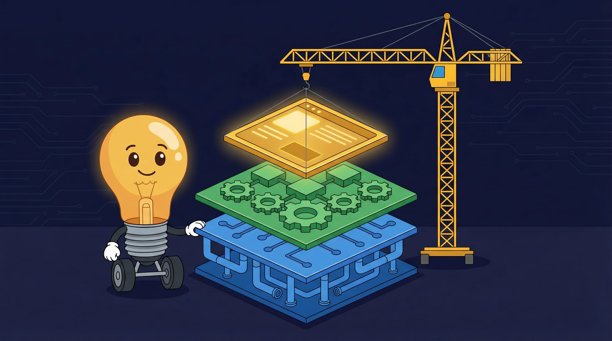 Flick the lightbulb mascot stands next to a three-layer structure being built — data pipes, logic gears, and agent interface — with a crane placing the top piece