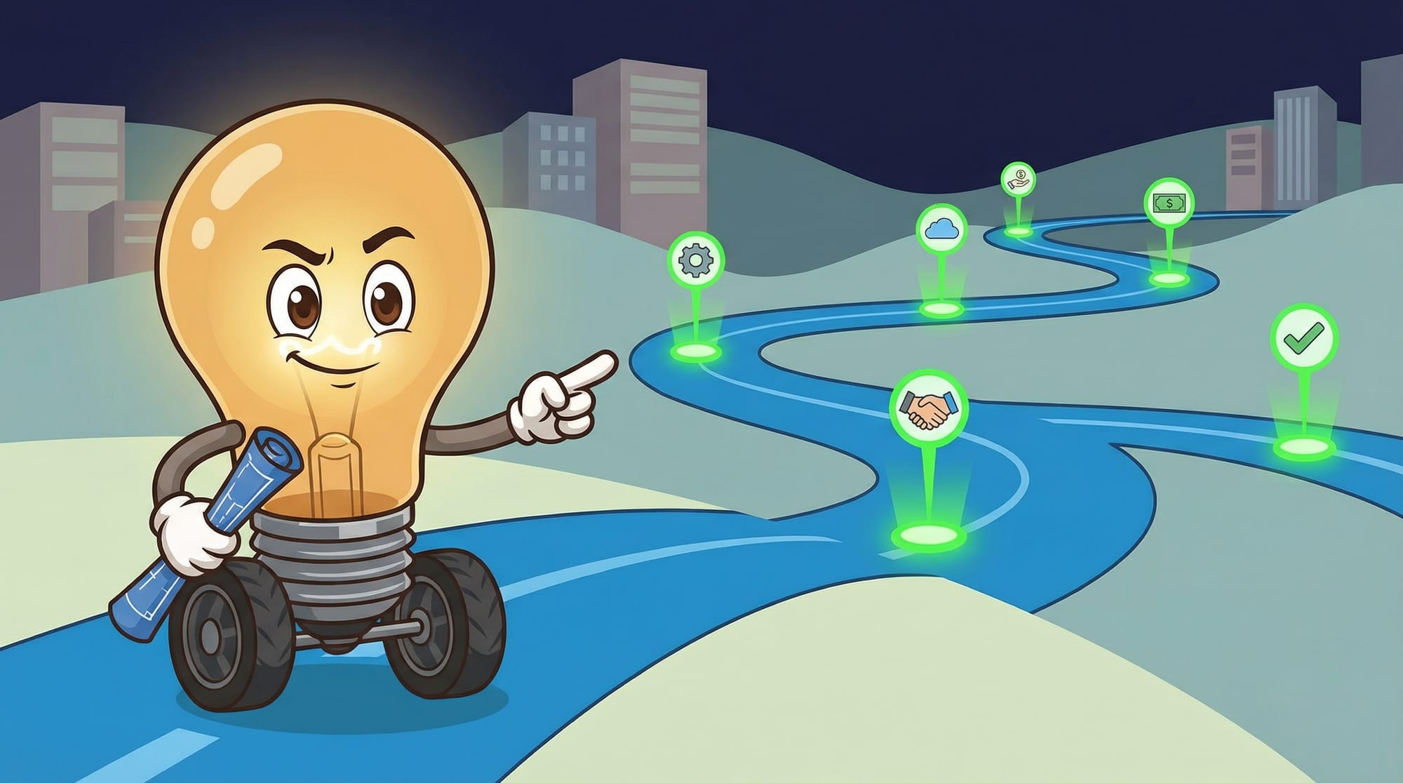 Flick the lightbulb mascot holds a blueprint and points confidently down a winding blue road with branching paths and glow...