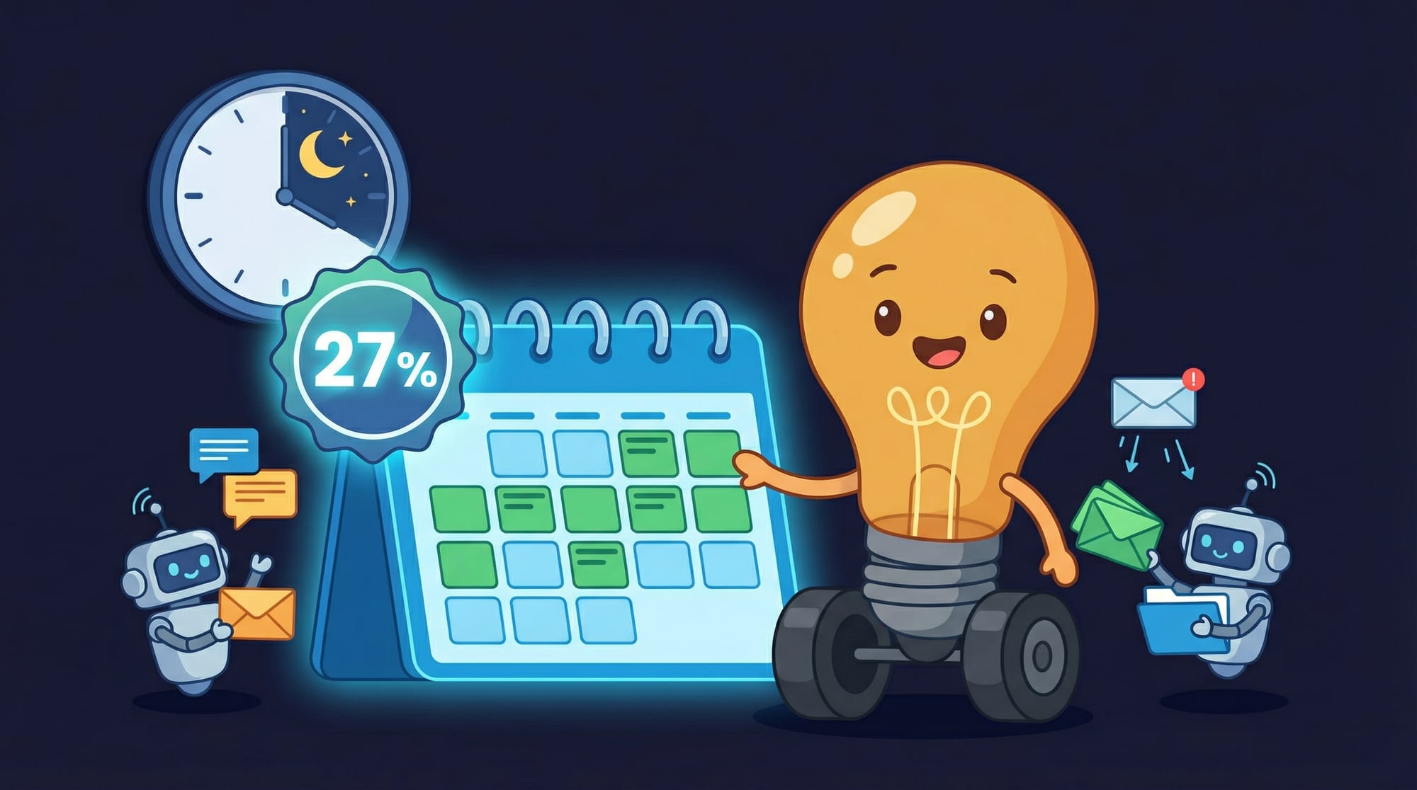 Flick the lightbulb mascot excitedly manages a calendar filling with automated meeting bookings overnight while robot assistants handle messages