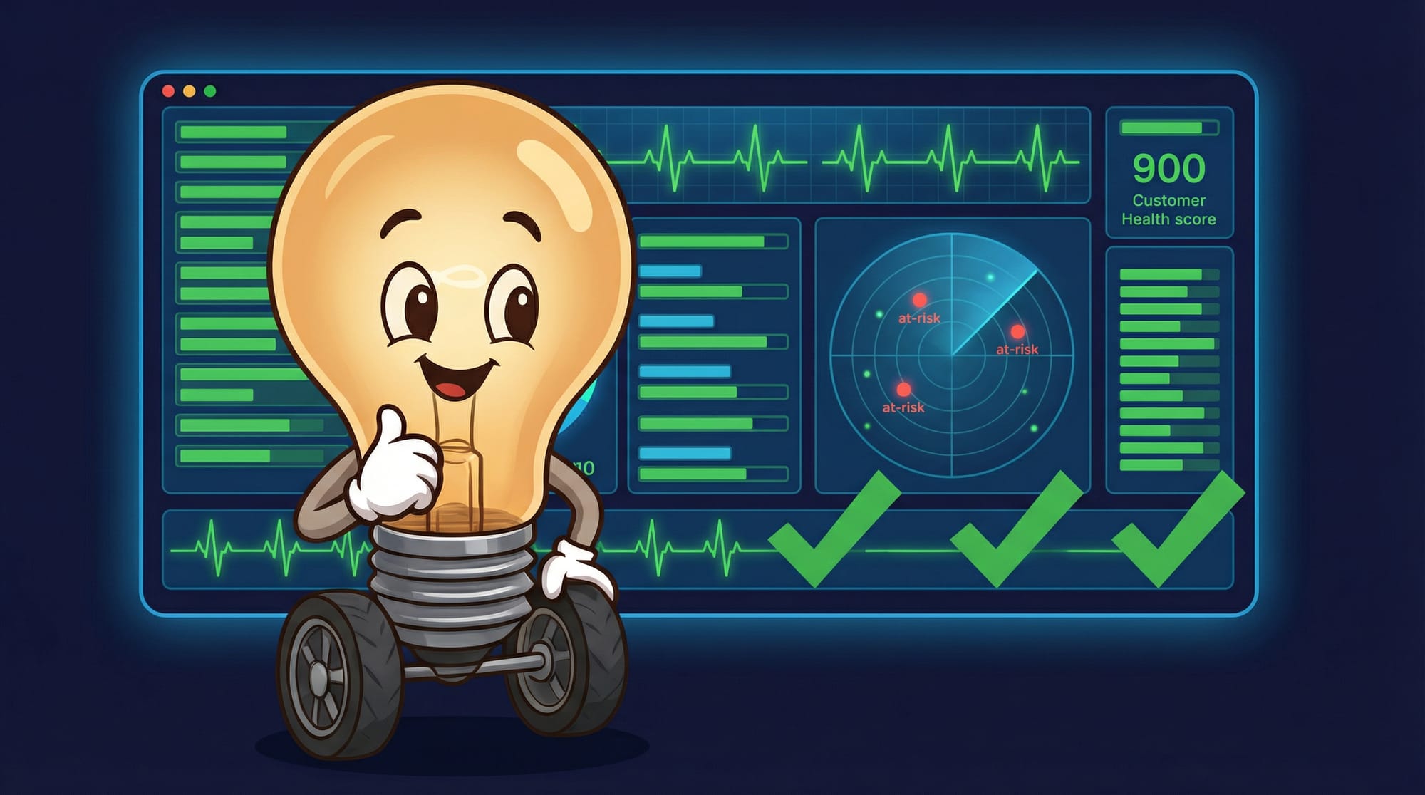 Flick the lightbulb mascot confidently monitors a health dashboard with green status indicators and early-warning radar detecting at-risk signals