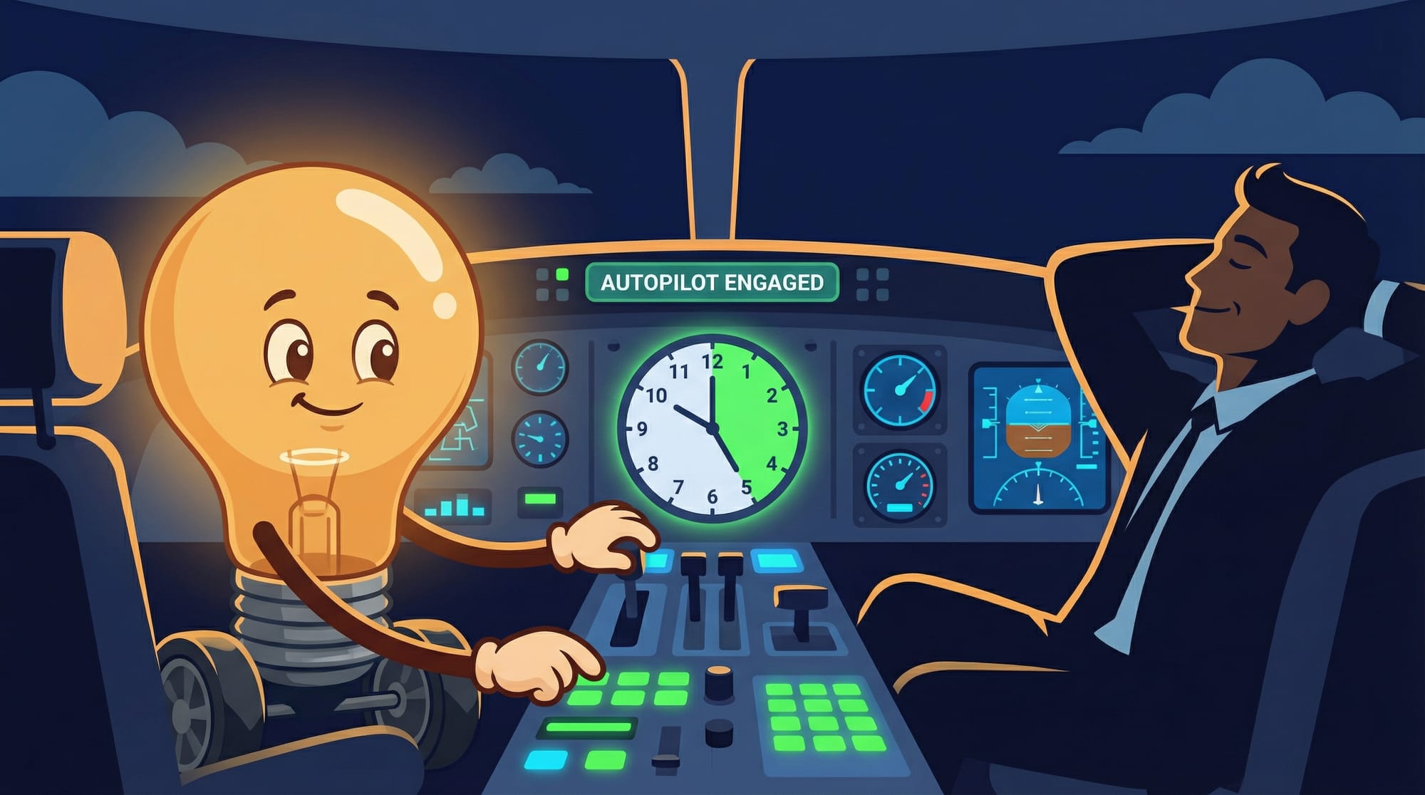 Flick the lightbulb mascot rides as co-pilot alongside a business owner in a cockpit dashboard with autopilot controls and freed-up hours on the clock