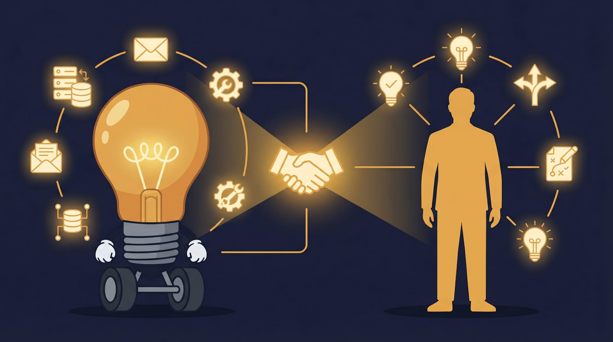 Flick the lightbulb mascot works alongside a human silhouette in partnership, each handling their strengths collaboratively