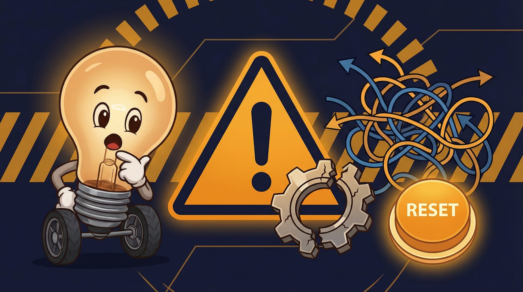 Flick the lightbulb mascot looks surprised at a warning triangle near a broken gear and tangled automation flow with a reset button glowing nearby