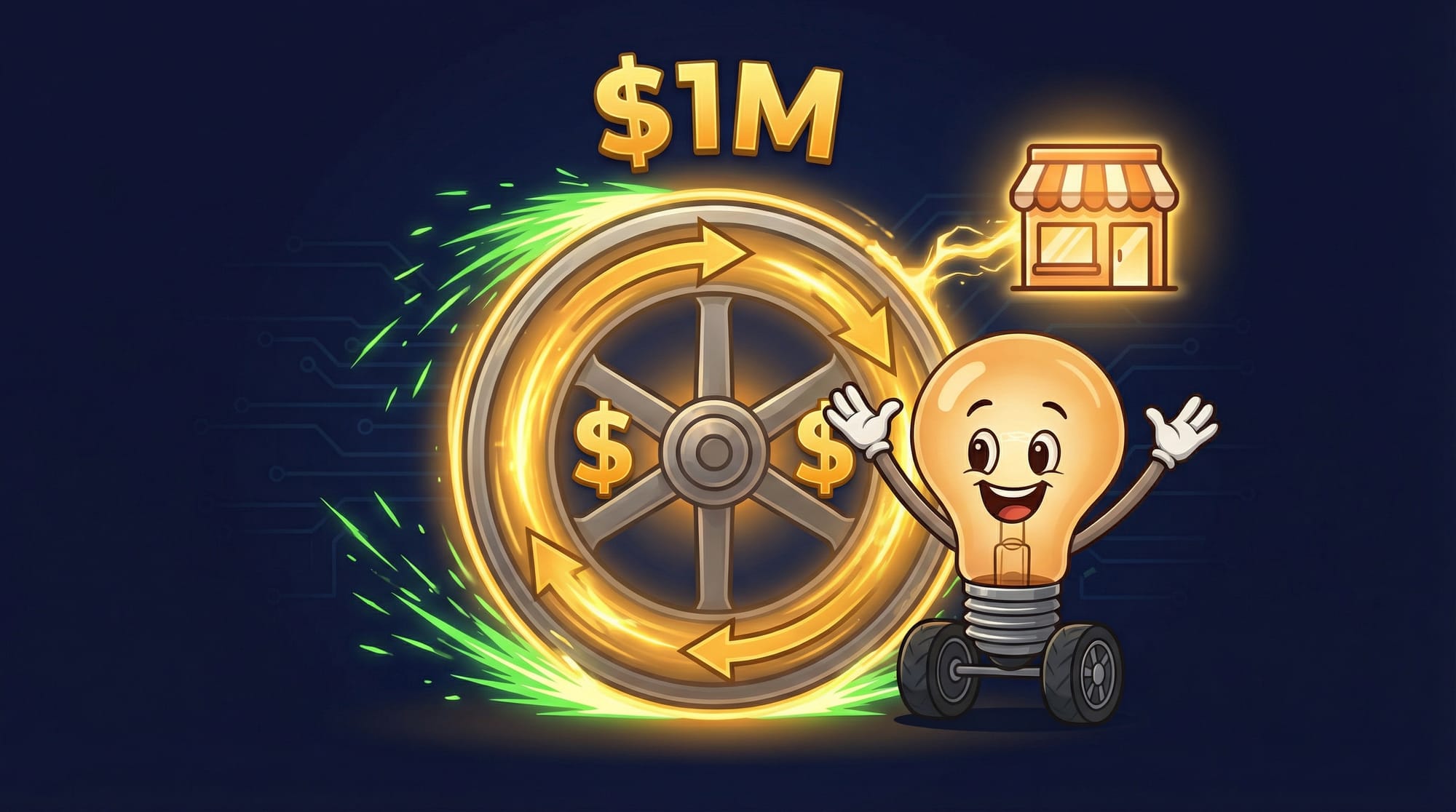 Flick the lightbulb mascot celebrates next to a spinning golden flywheel generating dollar signs and momentum for business growth