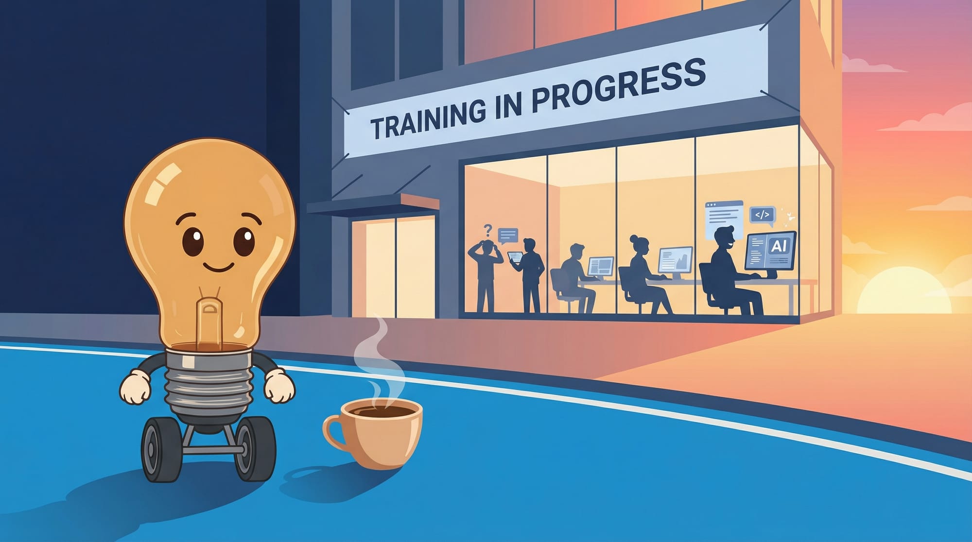 Flick the lightbulb mascot rolls toward a workplace at dawn where workers progress from confused to confident with AI tools under a Training in Progress banner