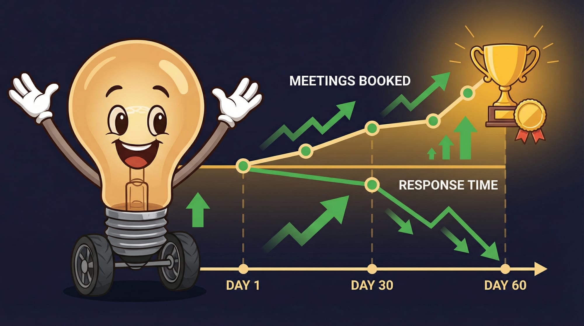 Flick the lightbulb mascot celebrates a 60-day progress timeline showing meetings booked rising and response time falling