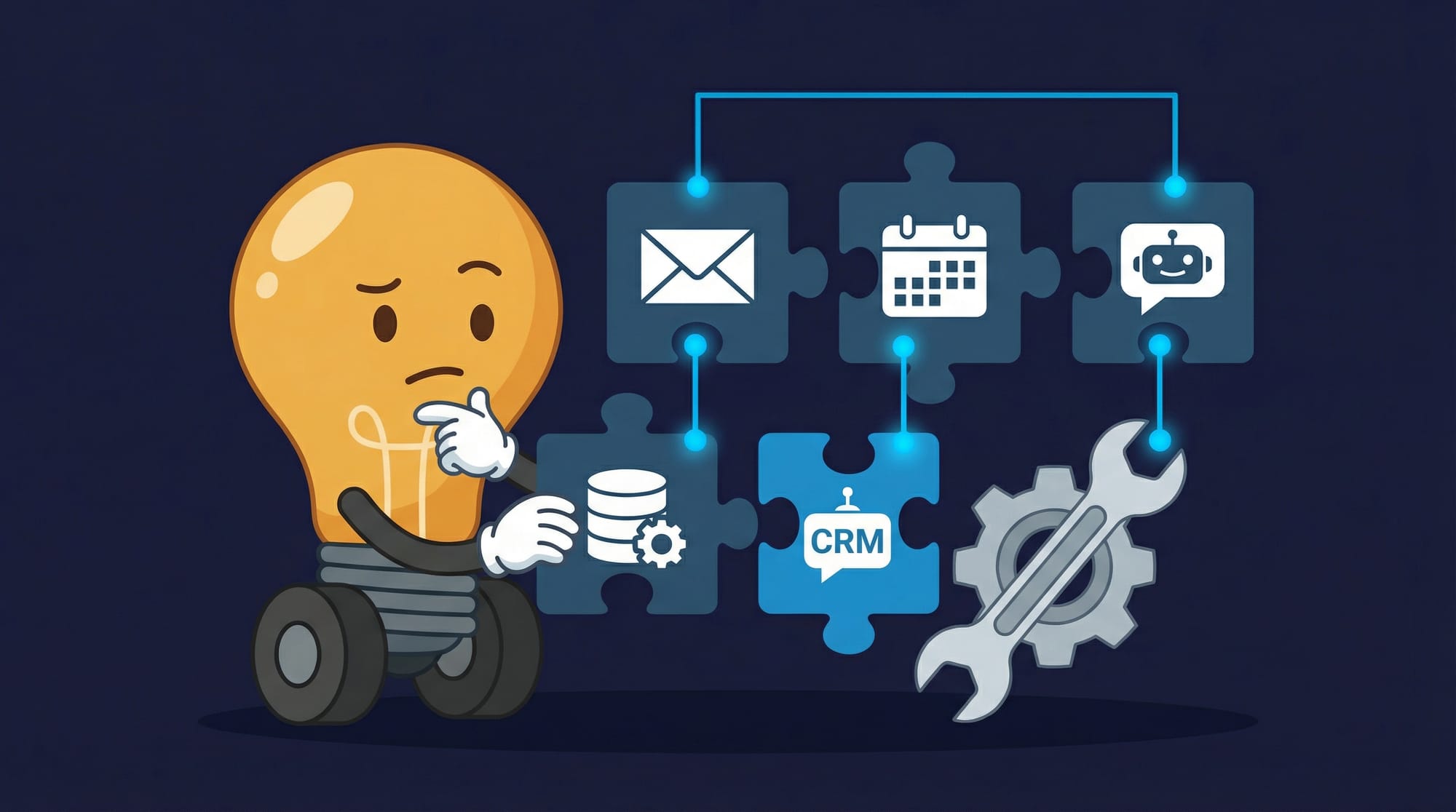 Flick the lightbulb mascot thoughtfully connects email, calendar, CRM, and chatbot puzzle pieces into an automation workflow