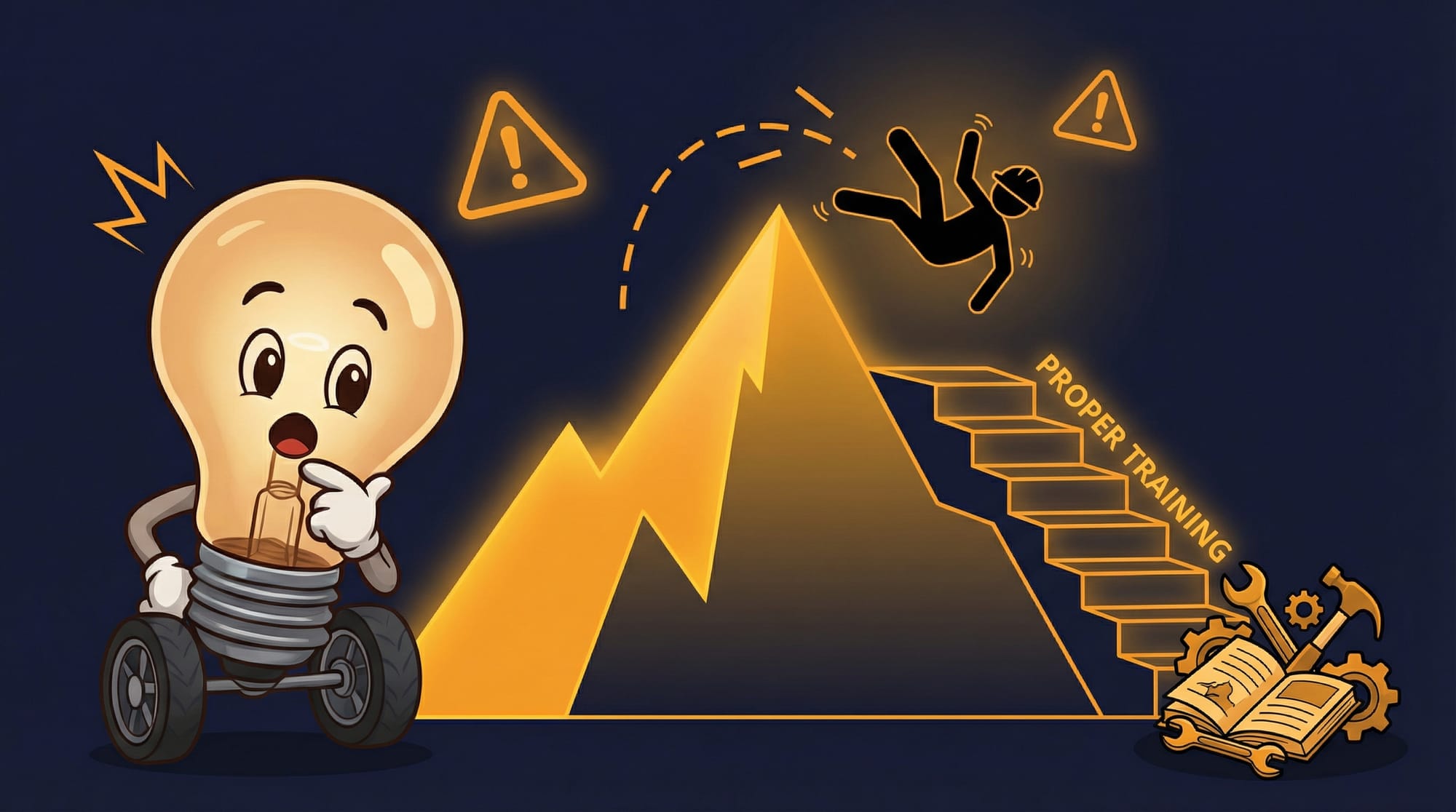 Flick the lightbulb mascot watches a worker silhouette trip trying to jump over a learning curve mountain while gradual stairs go unused