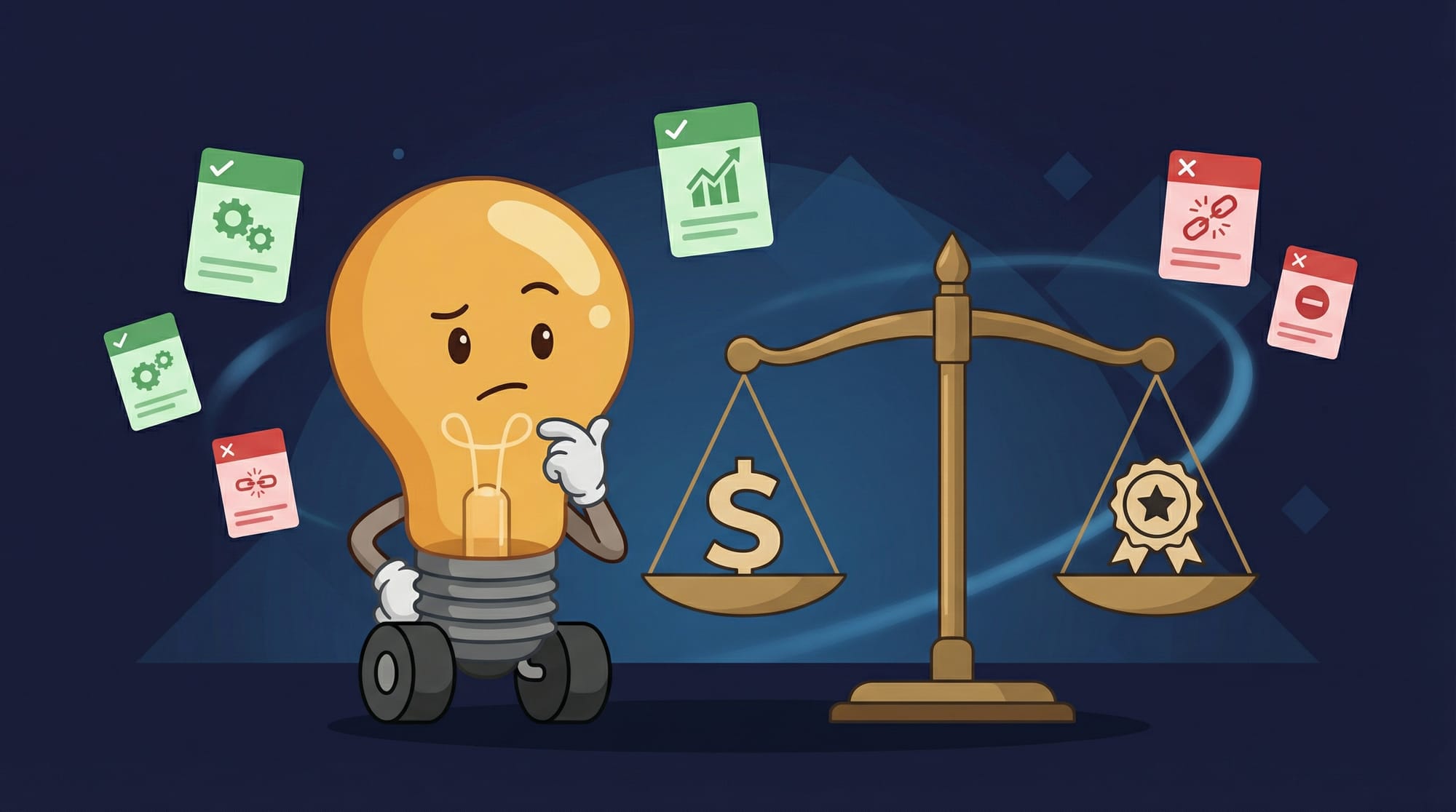 Flick the lightbulb mascot thoughtfully weighs cost versus value on a balance scale tipped slightly toward value