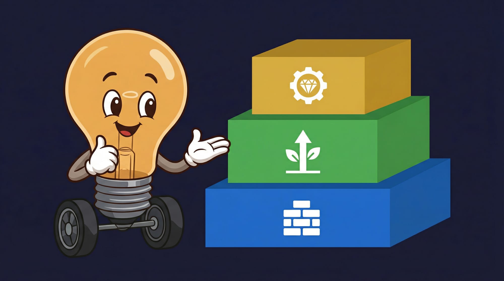 Flick the lightbulb mascot confidently presents a three-tier pyramid with foundation, growth, and advanced layers building on each other