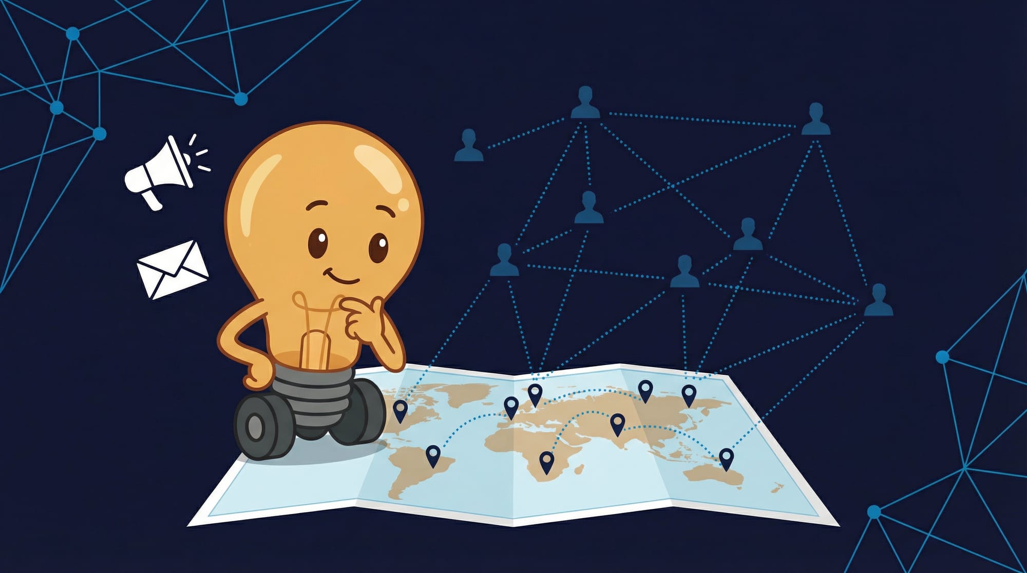 Flick the lightbulb mascot studies a customer map with network connections, megaphone, and outreach channel icons