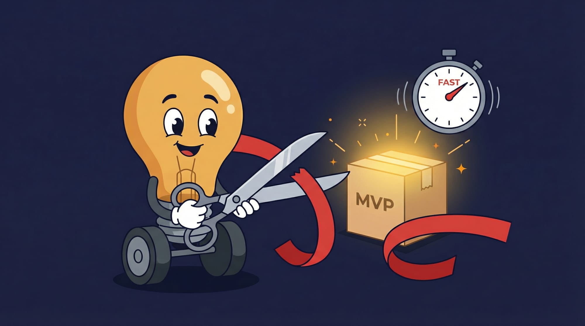 Flick the lightbulb mascot confidently cuts through red tape with scissors to reveal a glowing MVP product ready for launch