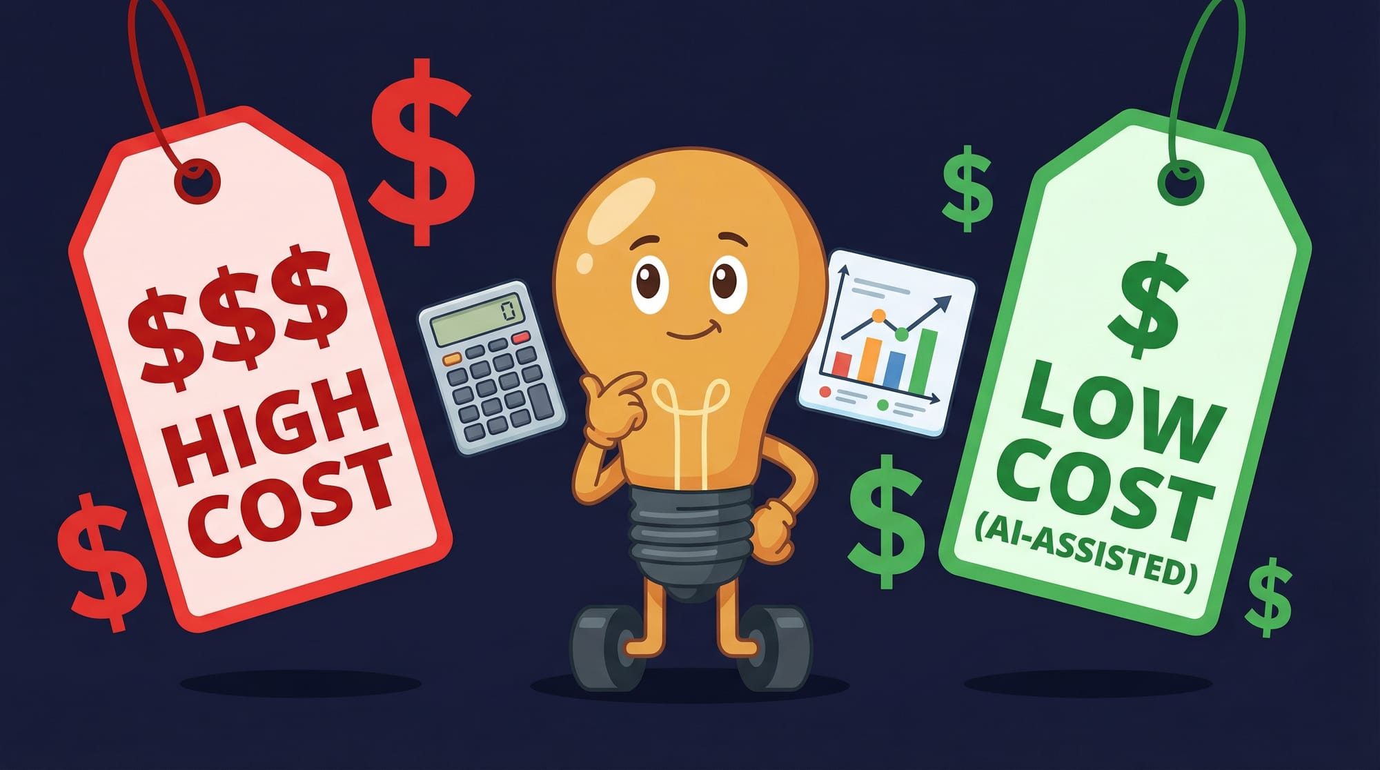 Flick the lightbulb mascot thoughtfully compares two price tags — traditional high cost versus AI-assisted lower cost with a calculator between them