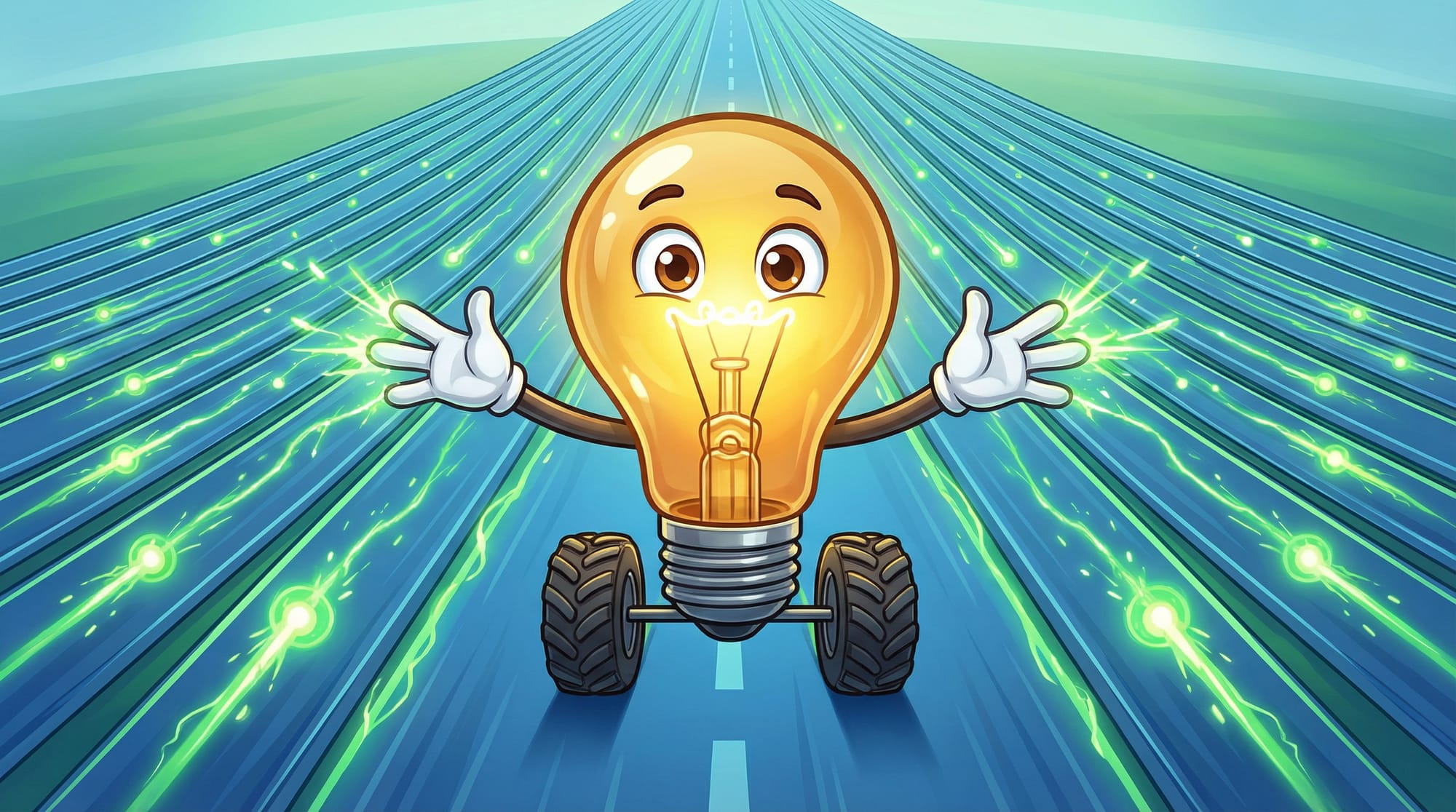 Flick the lightbulb mascot races along a blue road splitting into 100 parallel glowing lanes, arms spread wide like a cond...