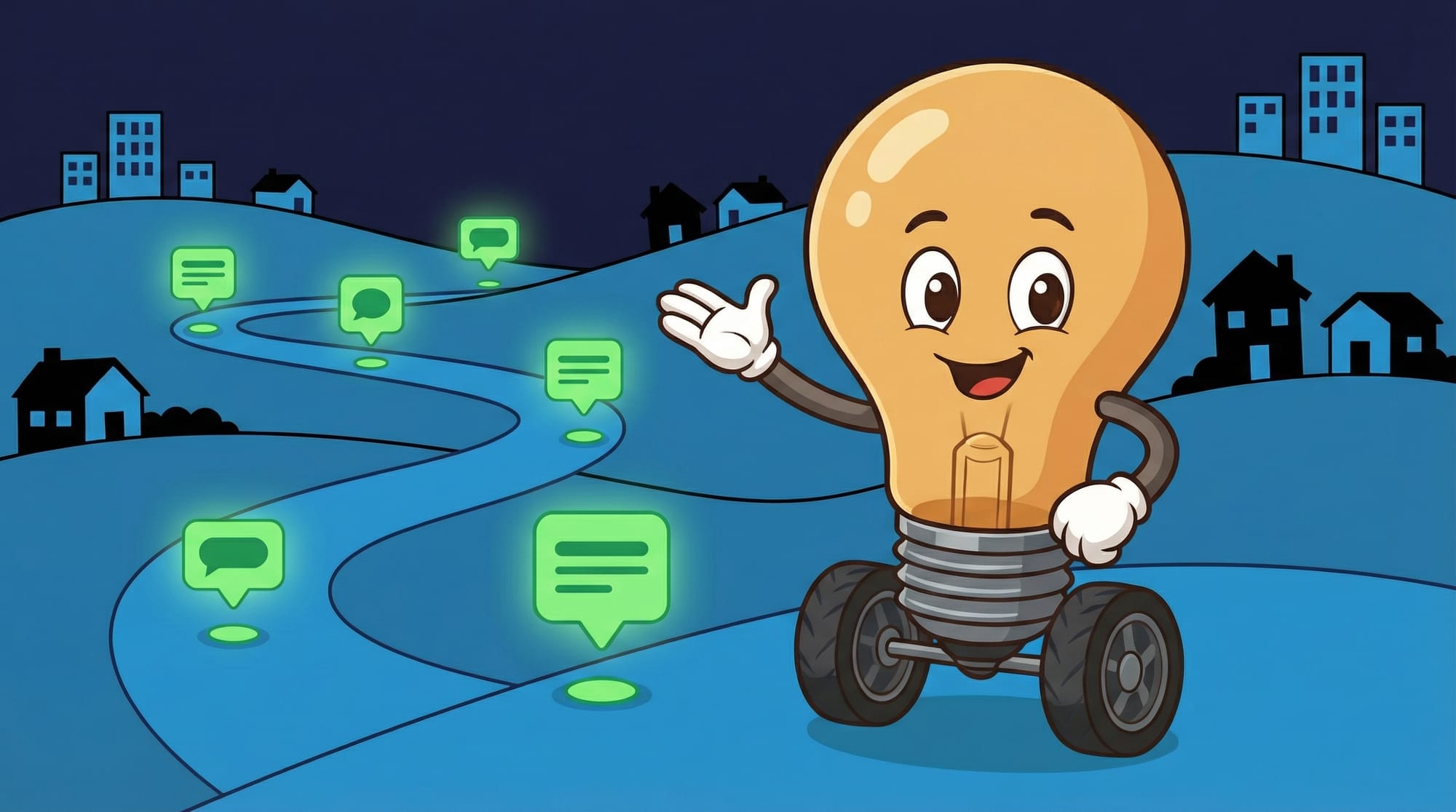 Flick the lightbulb mascot with raised glove gestures invitingly at a winding blue road with glowing green waypoints acros...