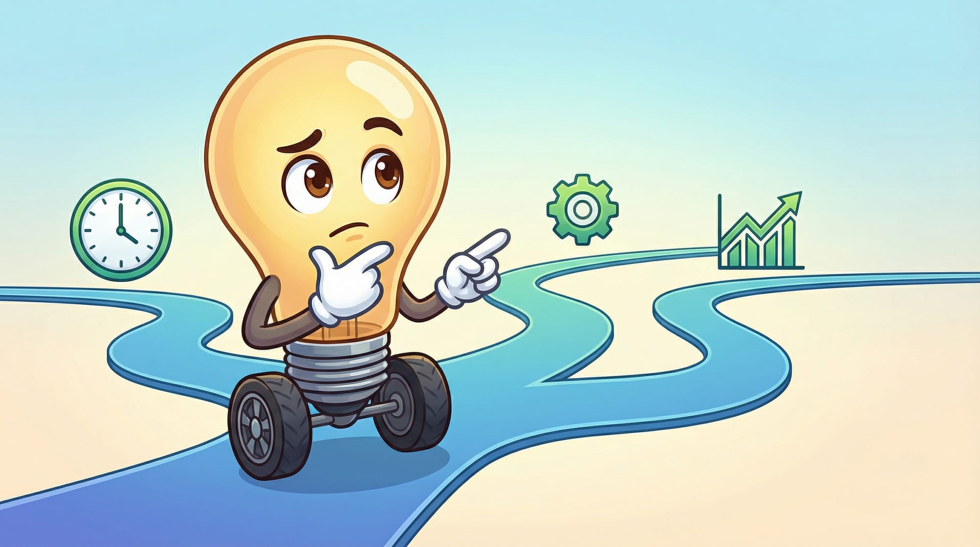 Flick the lightbulb mascot contemplates three paths marked by icons for time savings, integration, and results, gloved han...