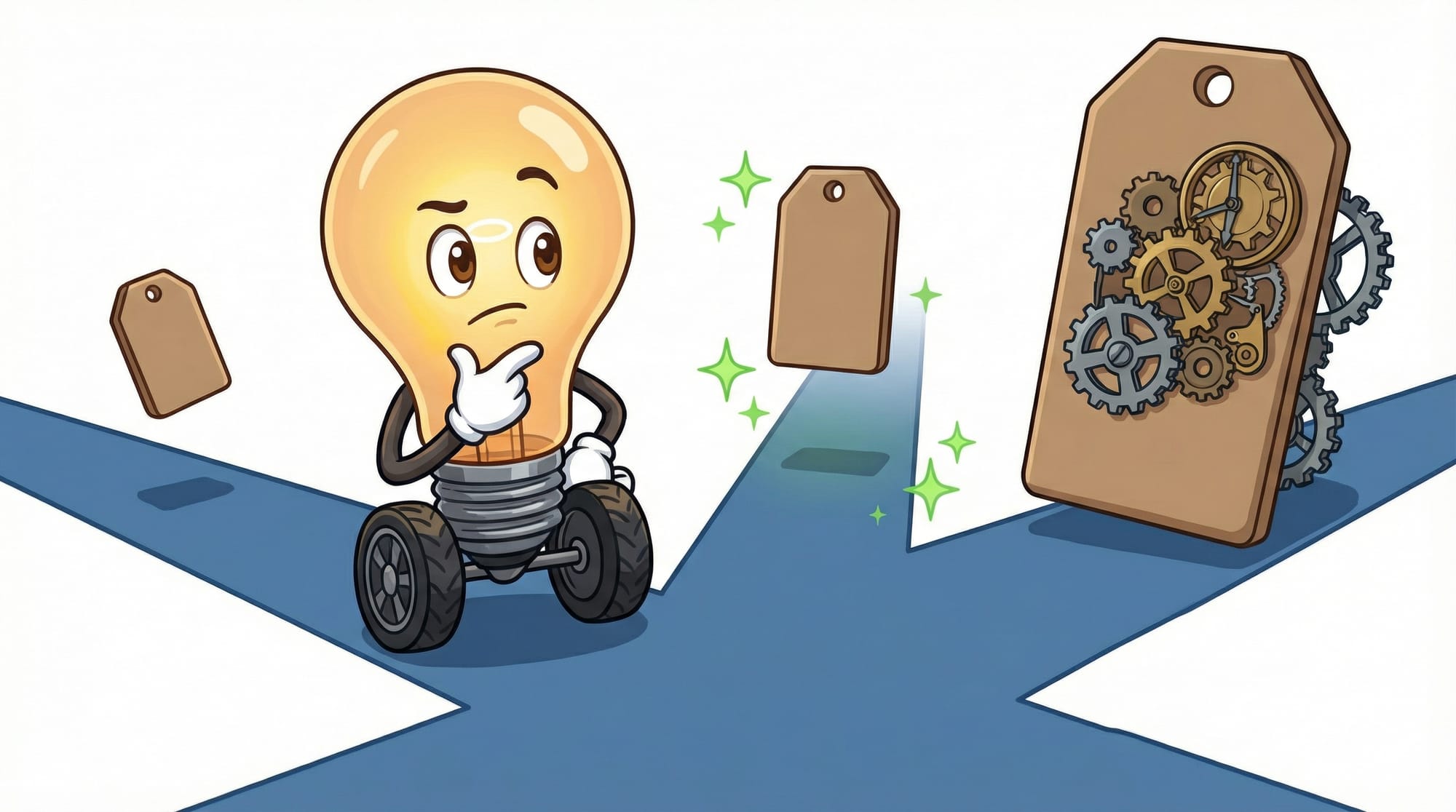 Flick the lightbulb mascot thoughtfully weighs three pricing paths at a crossroads, gloved hand on chin, eyeing the sparkl...