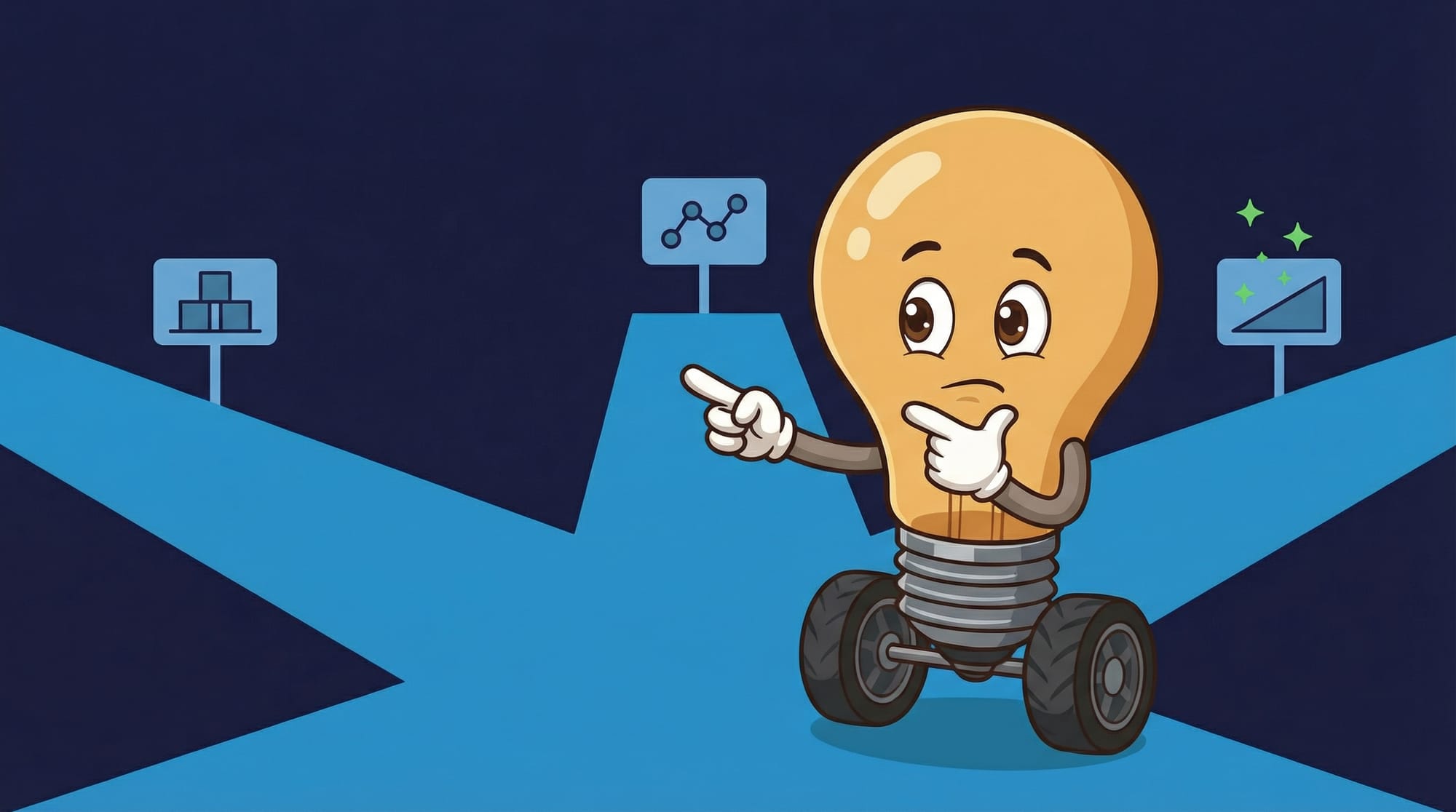 Flick the lightbulb mascot pauses at a three-way junction, hand on chin, contemplating paths marked with blocks, dots, and...
