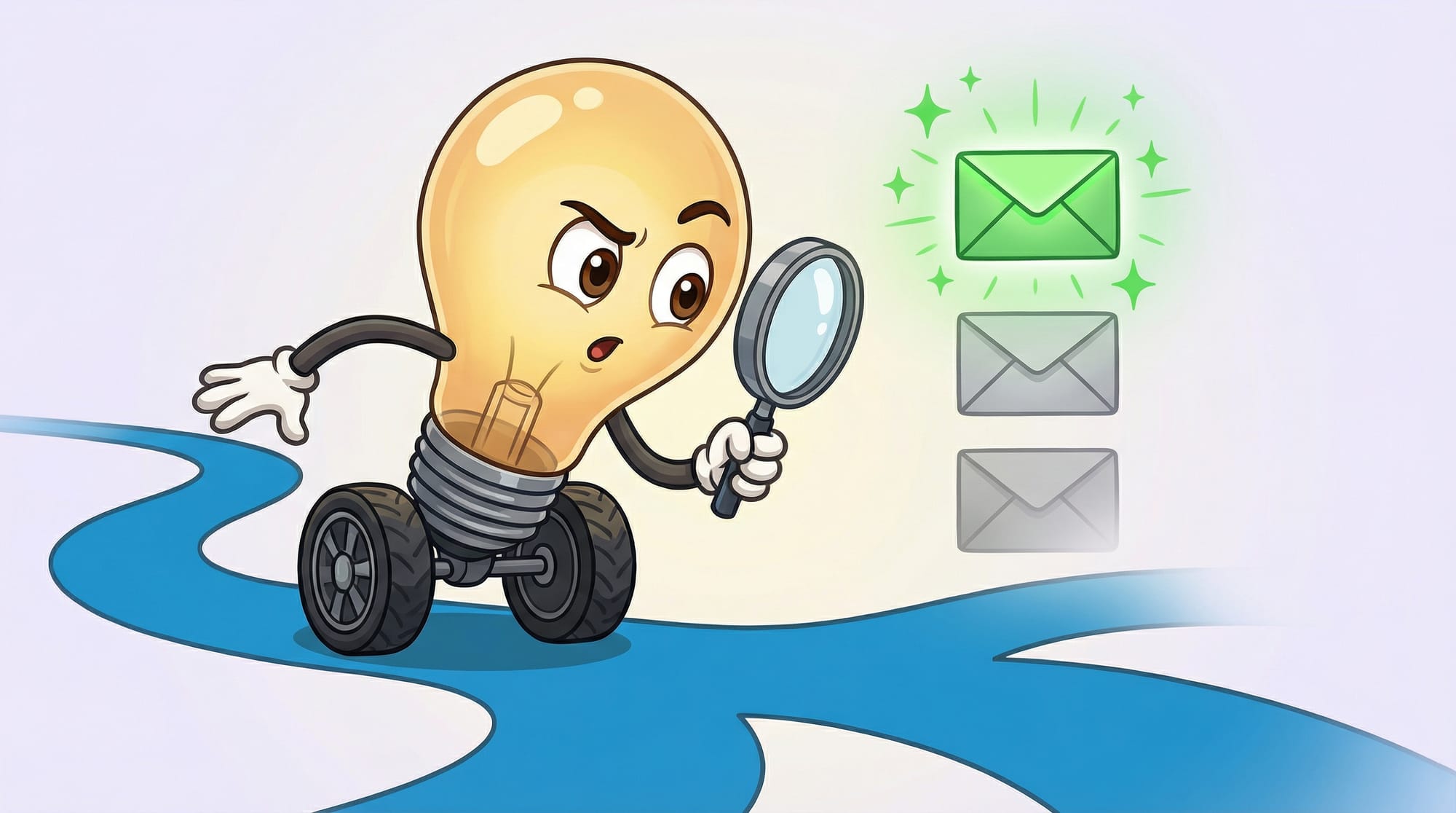 Flick the lightbulb mascot examines floating envelopes with a magnifying glass, sorting them by priority on a branching bl...