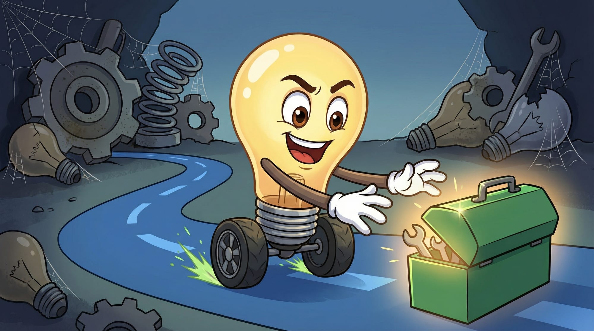 Flick the lightbulb mascot races on wheels toward a glowing green toolbox, passing dusty abandoned gadgets, eyes focused w...
