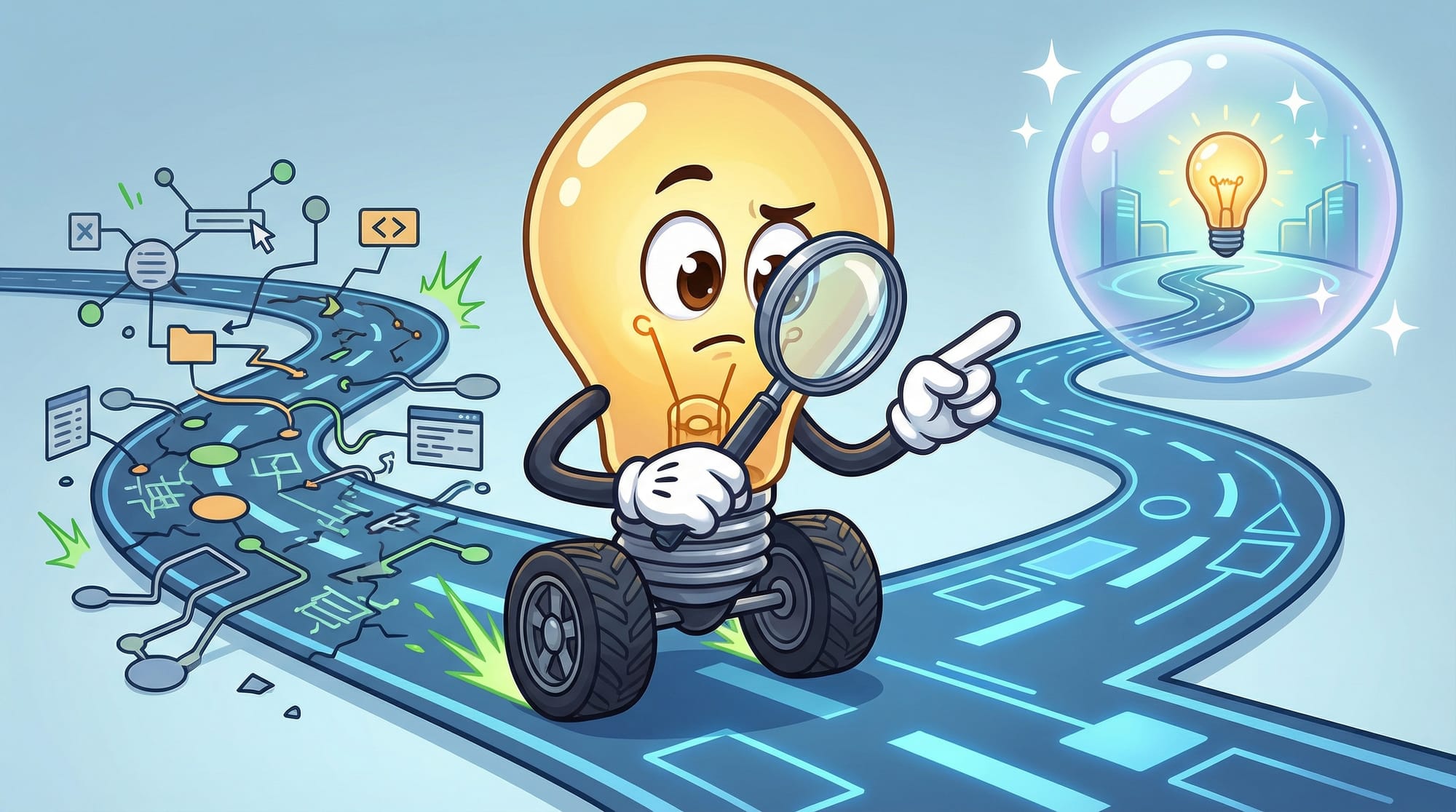 Flick the lightbulb mascot examines a forked road with a magnifying glass, eyeing a sparkly demo bubble skeptically while ...