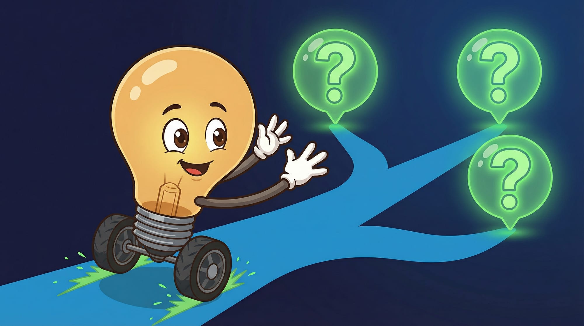 Flick the lightbulb mascot races on chunky wheels toward three floating question marks, white-gloved hands outstretched, e...