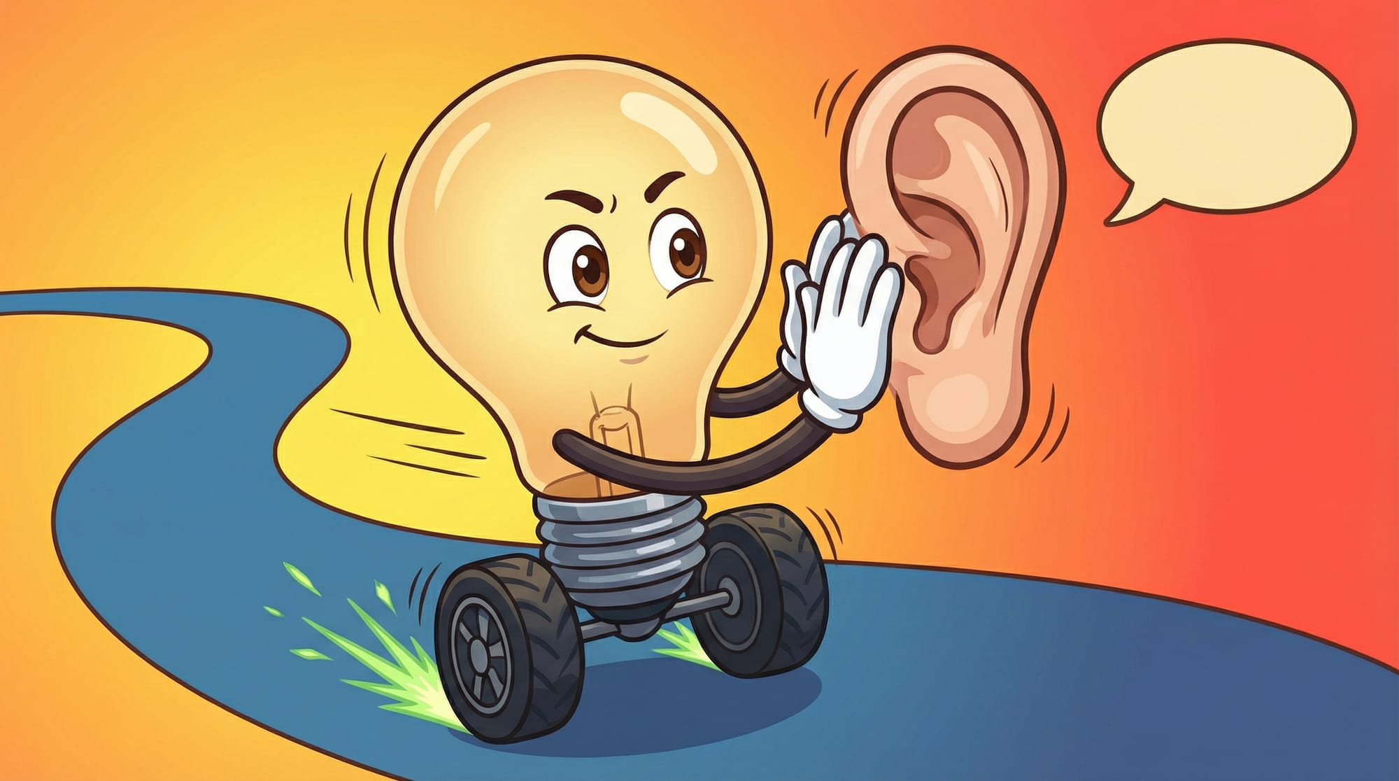 Flick the lightbulb mascot races determinedly on wheels toward a giant floating ear, white-gloved hands cupped to listen, ...