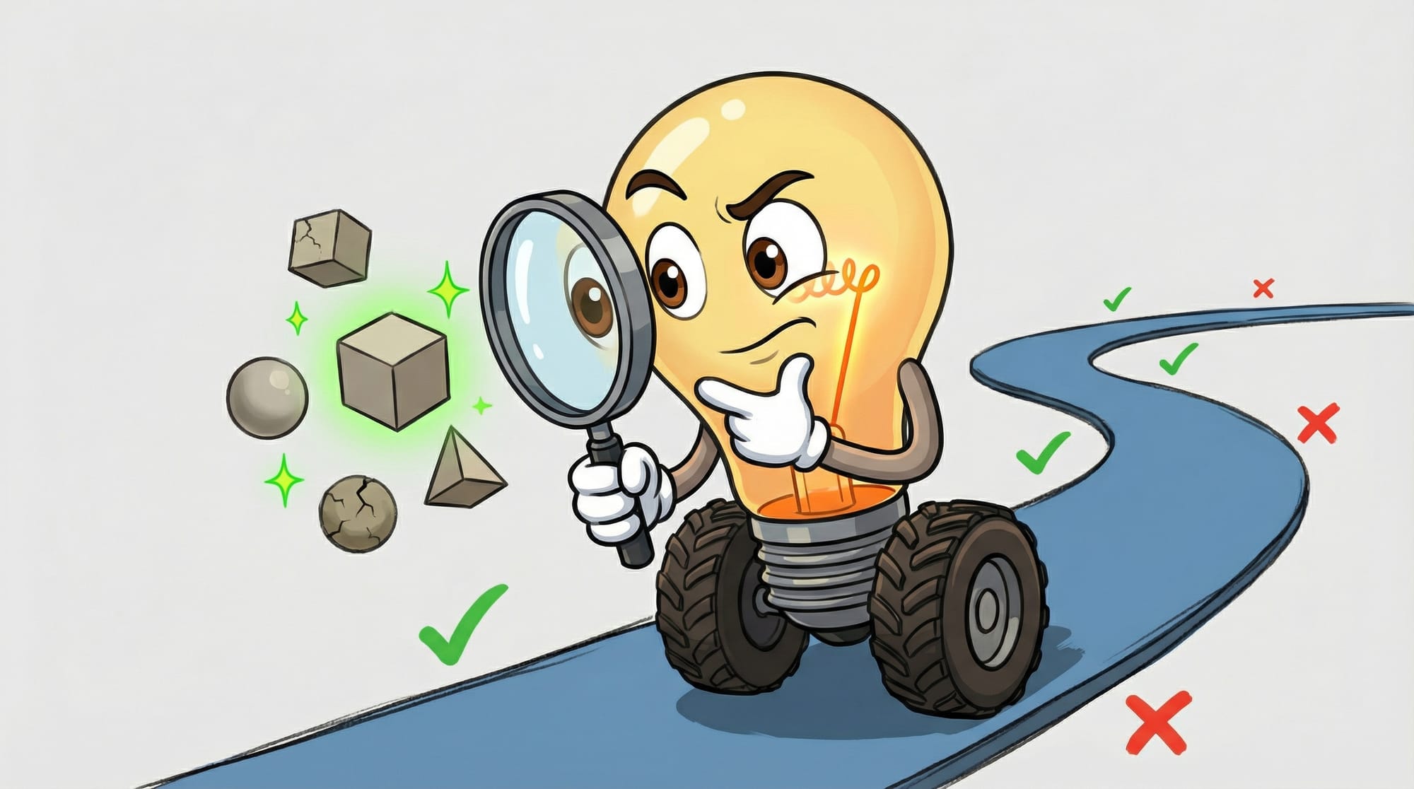 Flick the lightbulb mascot examines floating shapes through a magnifying glass, squinting with curiosity, one gloved hand ...