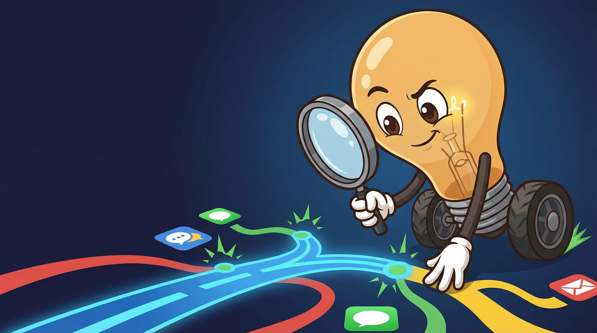 Flick the lightbulb mascot leans forward on wheels, examining a glowing blue pathway with a magnifying glass, eyes narrowe...