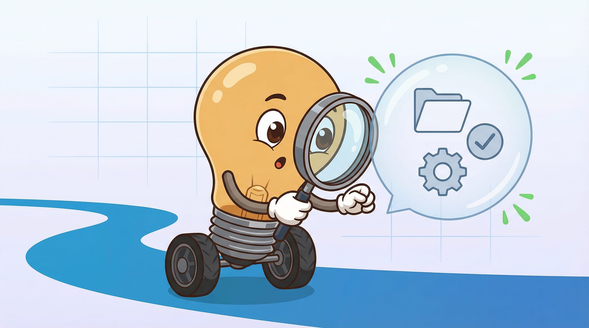 Flick the lightbulb mascot holds a magnifying glass, examining a floating permission bubble with folder and gear icons, ey...