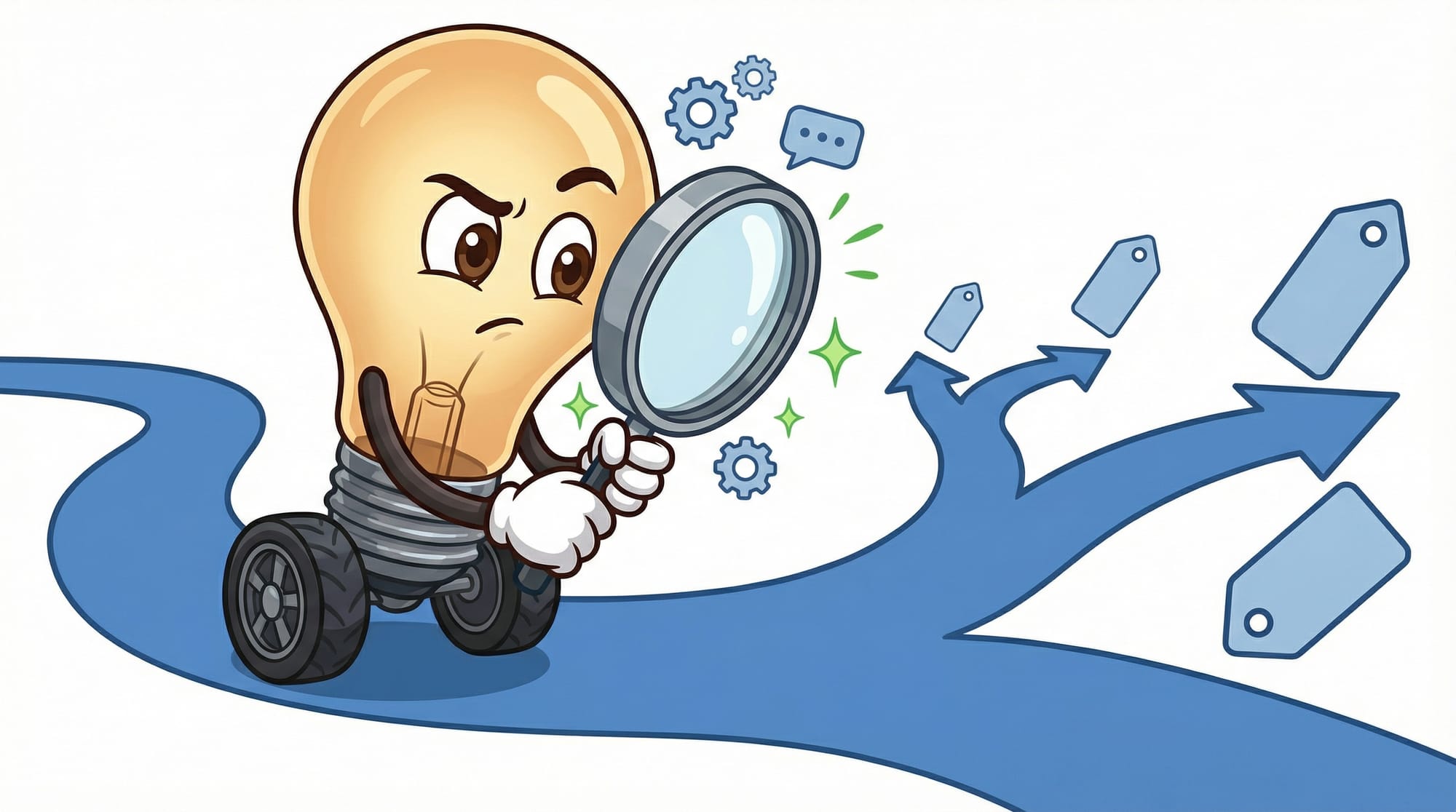 Flick the lightbulb mascot examines a forked path with a magnifying glass, eyebrows raised in concentration, comparing thr...