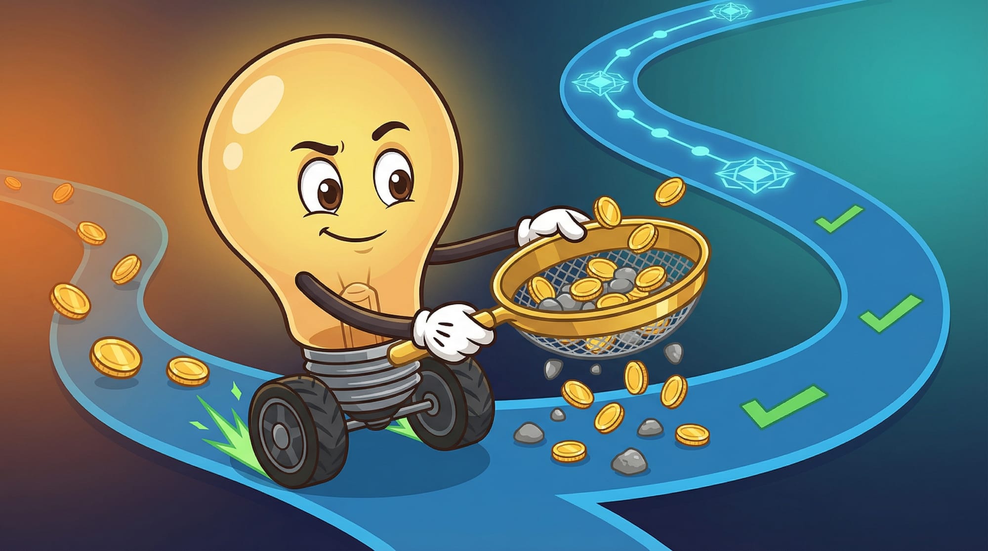 Flick the lightbulb mascot races forward with determined eyes, reaching white-gloved hands toward a golden sieve filtering...