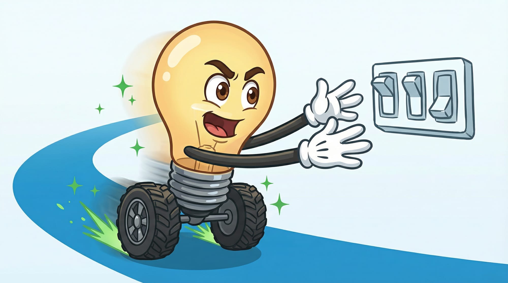 Flick the lightbulb mascot wheels forward eagerly, reaching toward a floating control panel with determined eyes and raise...