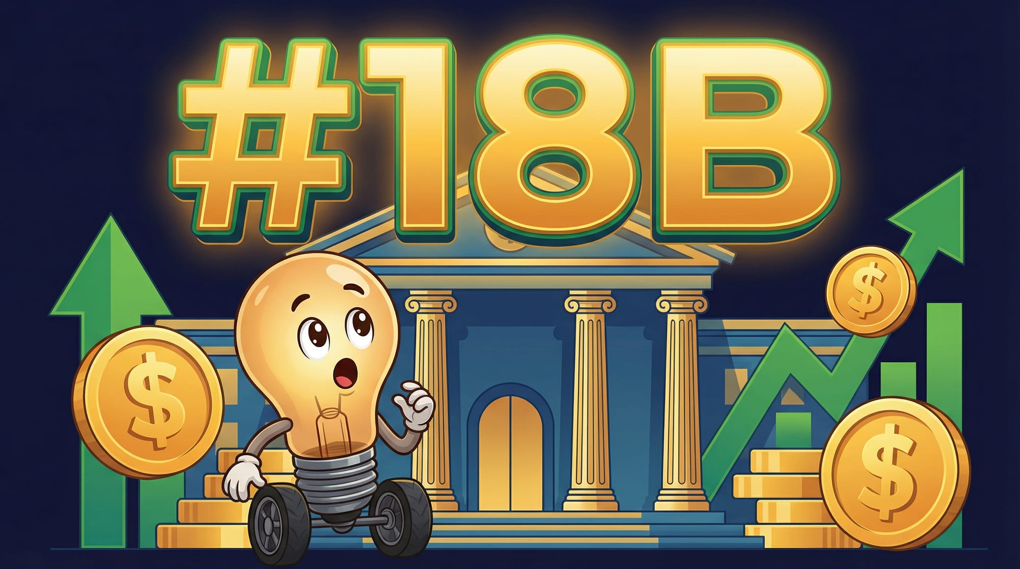 Flick the lightbulb mascot looks up in amazement at a massive golden $18B number floating above a stylized bank building