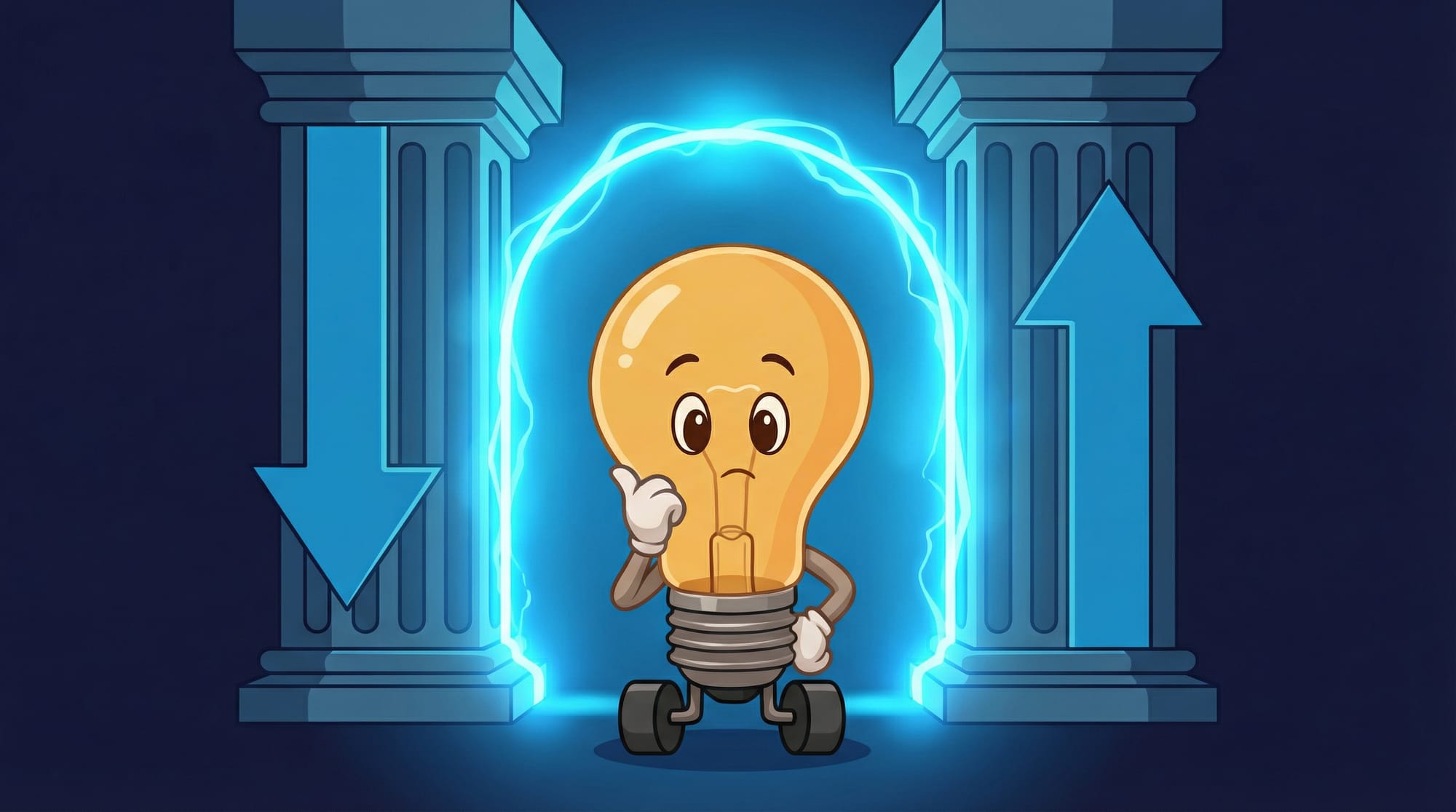 Flick the lightbulb mascot stands thoughtfully between two glowing pillars representing top-down and bottom-up AI strategy approaches