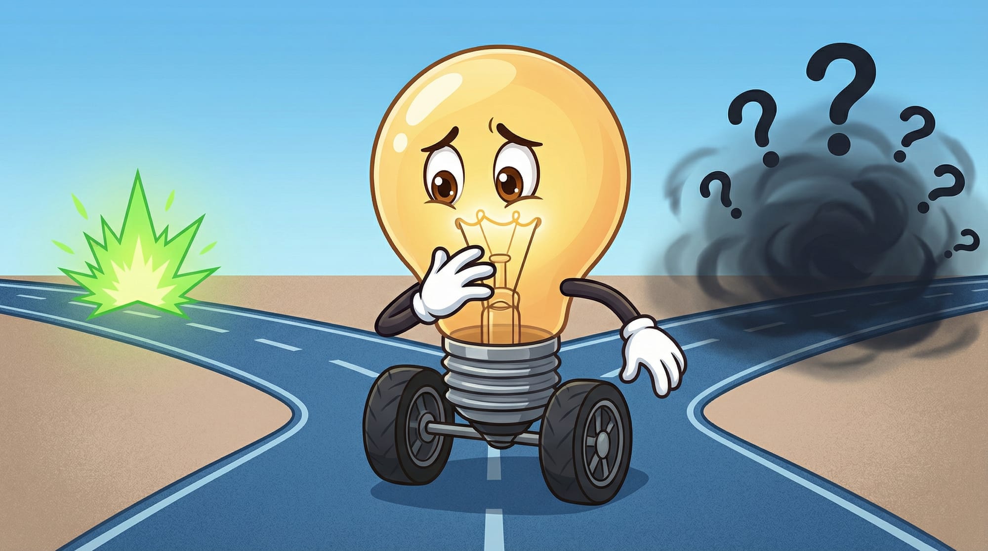 Flick the lightbulb mascot rolls worried along a forked road, one gloved hand raised protectively, choosing between a gree...