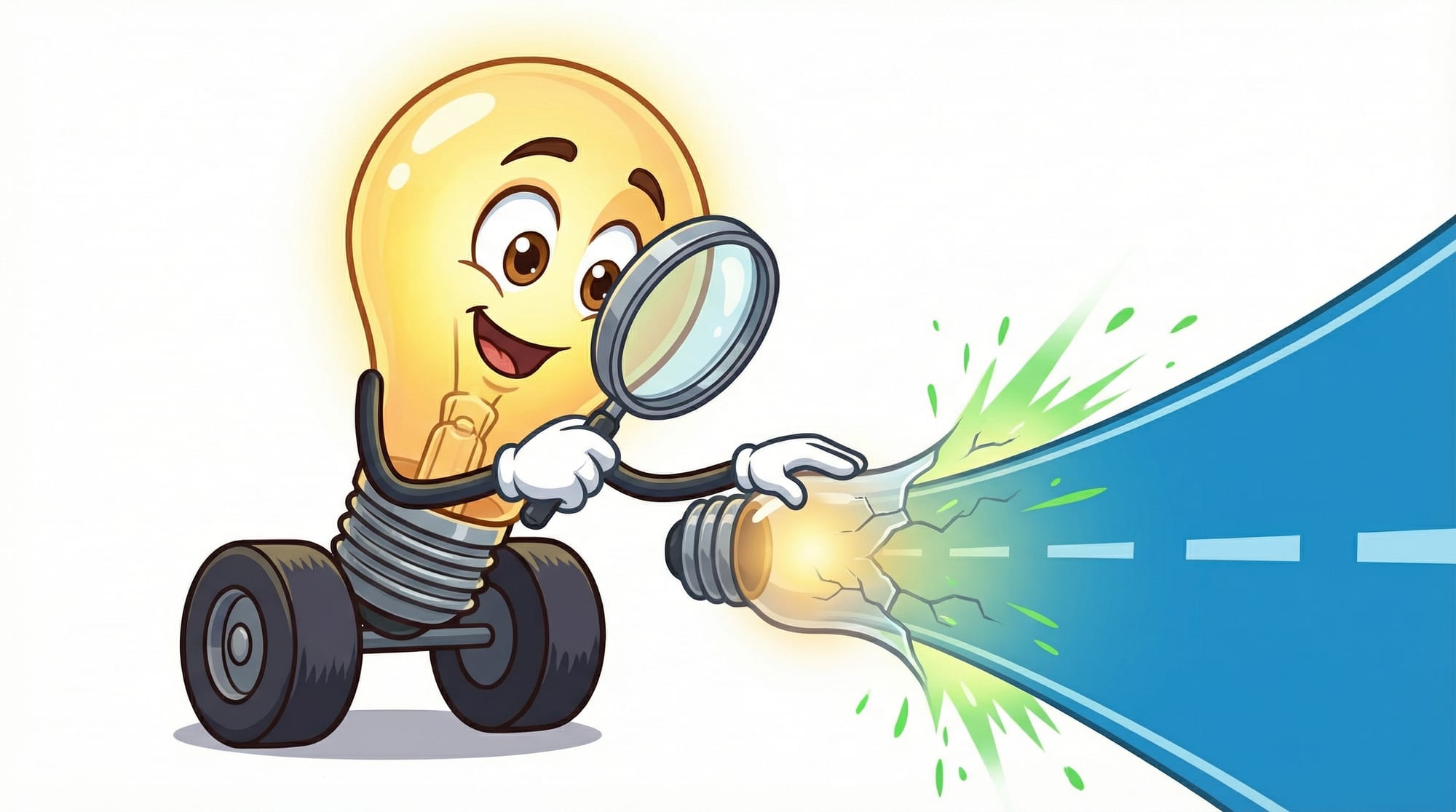 Flick the lightbulb mascot examines a bottleneck transforming into a blue highway through a magnifying glass with fascinat...