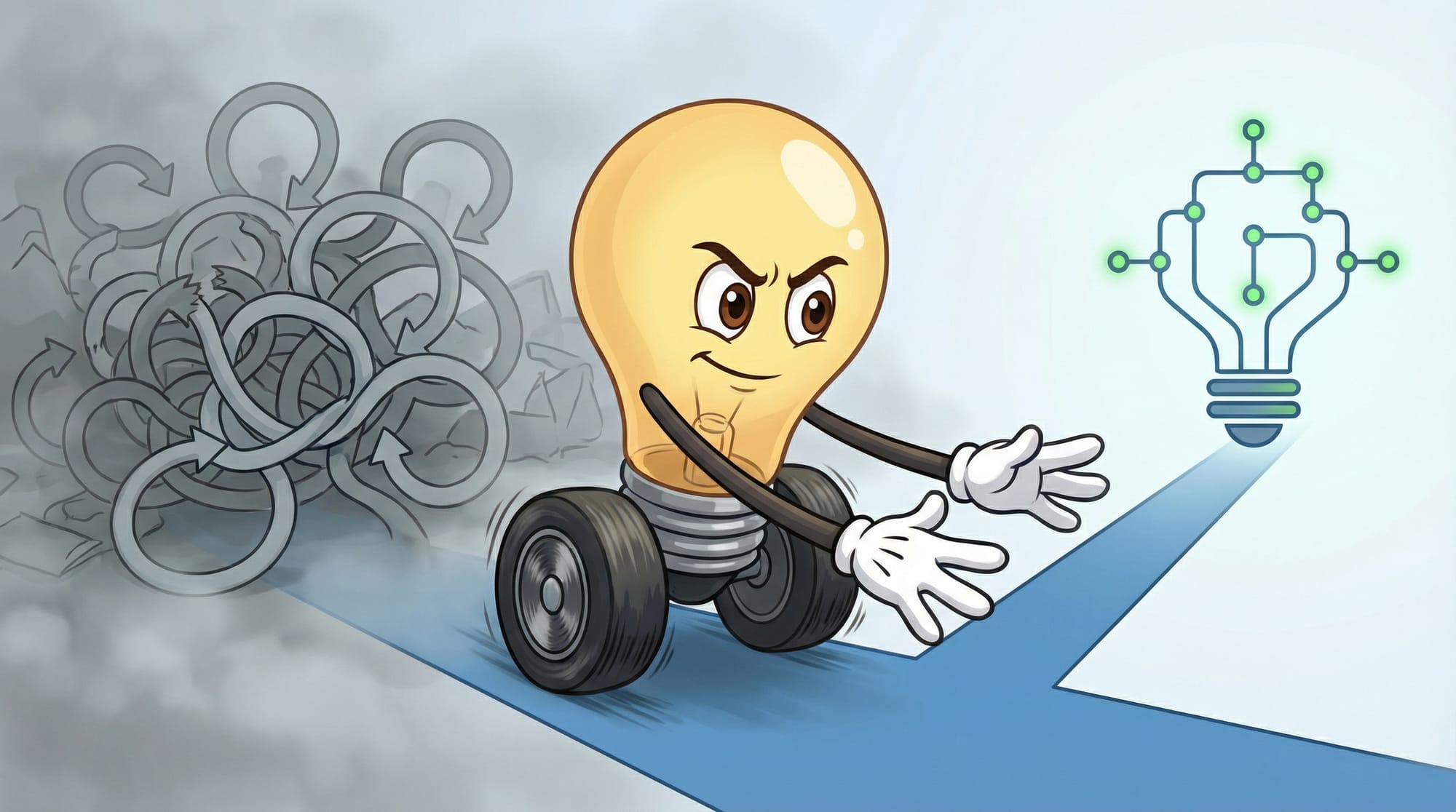Flick the lightbulb mascot races on wheels past tangled gray workflow loops toward a clean blue pathway with glowing green...