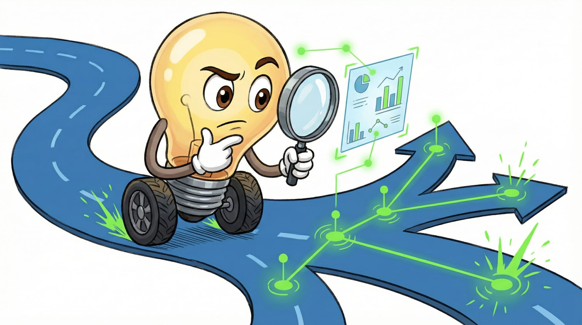 Flick the lightbulb mascot leans forward on wheels, holding a magnifying glass while studying a holographic dashboard with...