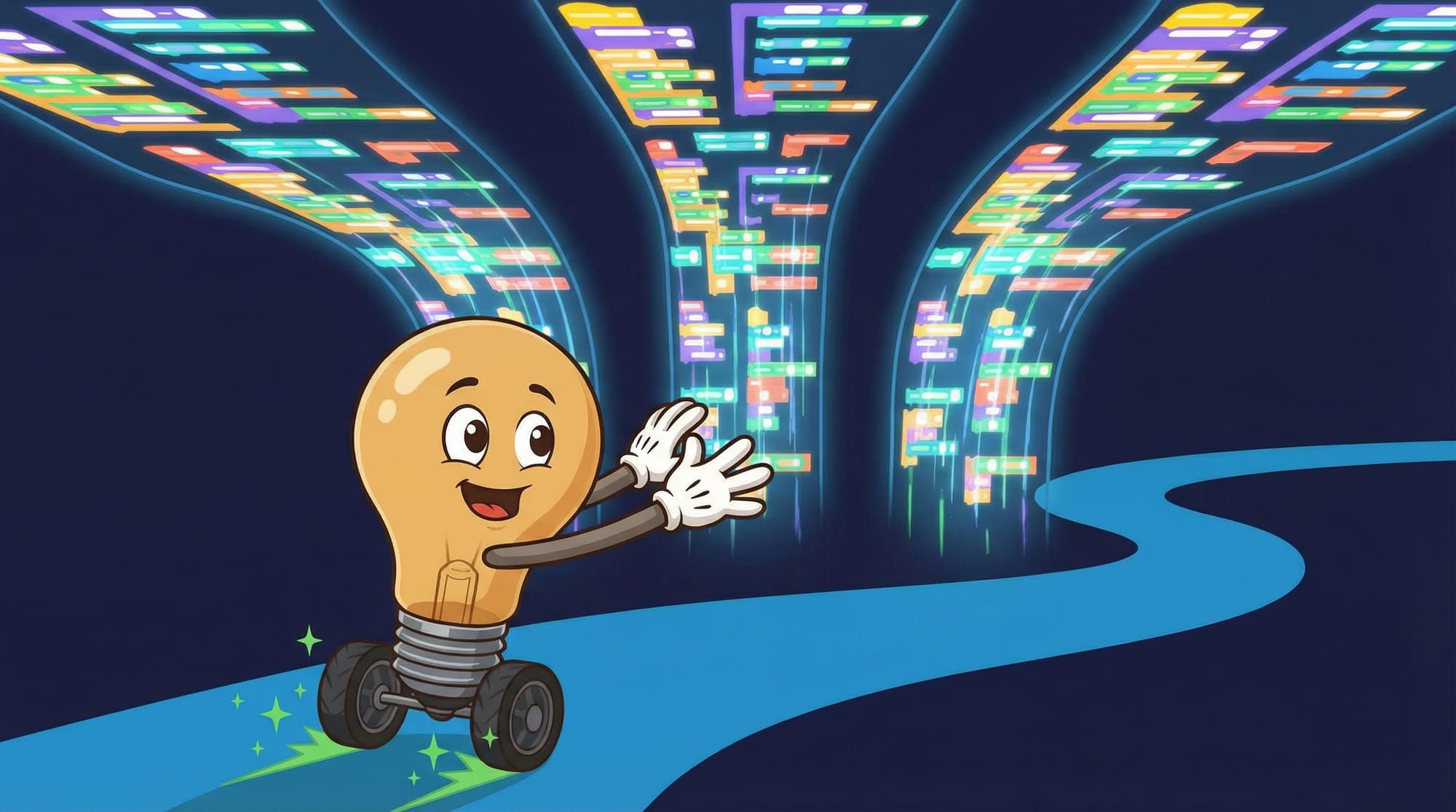 Flick the lightbulb mascot races excitedly on wheels along a blue road, white-gloved hands reaching toward three cascading...