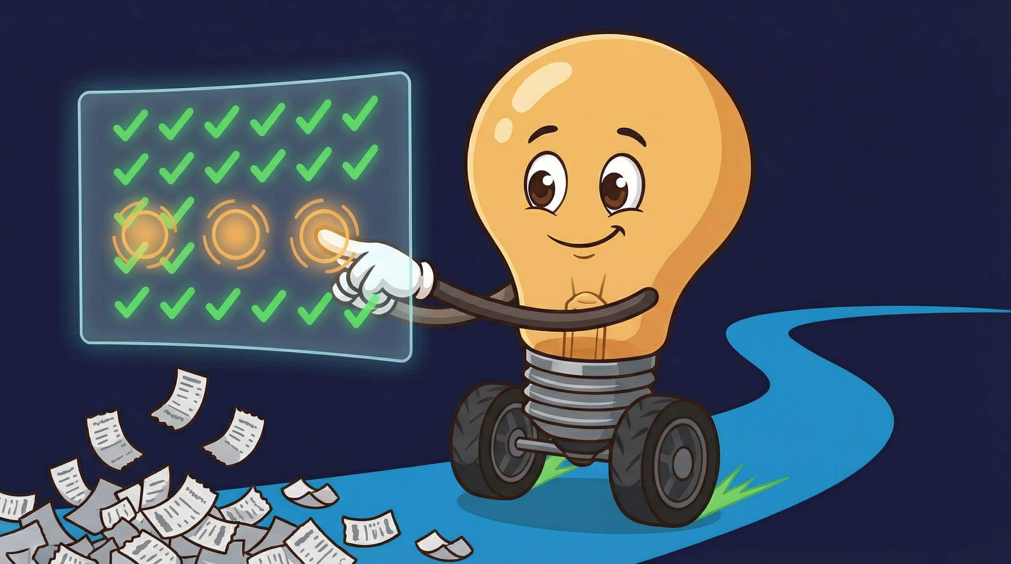 Flick the lightbulb mascot races forward on wheels, reaching toward a dashboard with green checkmarks, brown eyes sparklin...