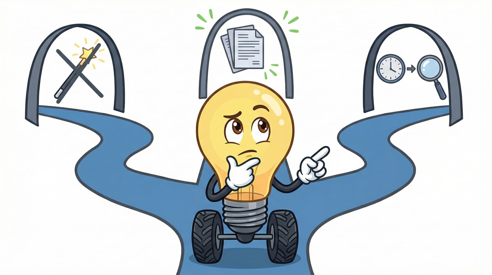 Flick the lightbulb mascot considers three branching paths, hand on chin, eyebrows raised thoughtfully at gateways showing...