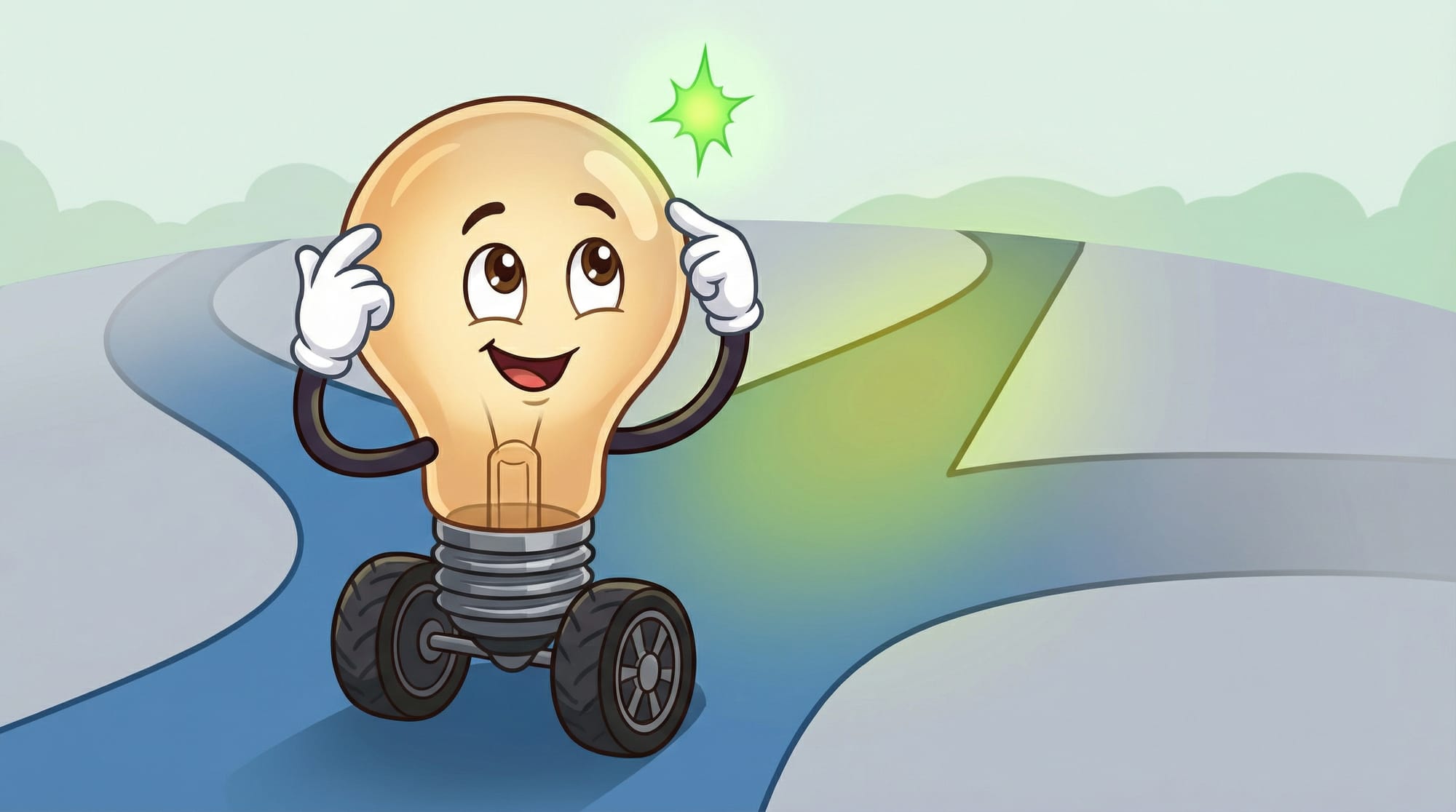 Flick the lightbulb mascot pauses at a fork in a blue road, gloved hand raised thoughtfully, eyes gazing up at a green spa...