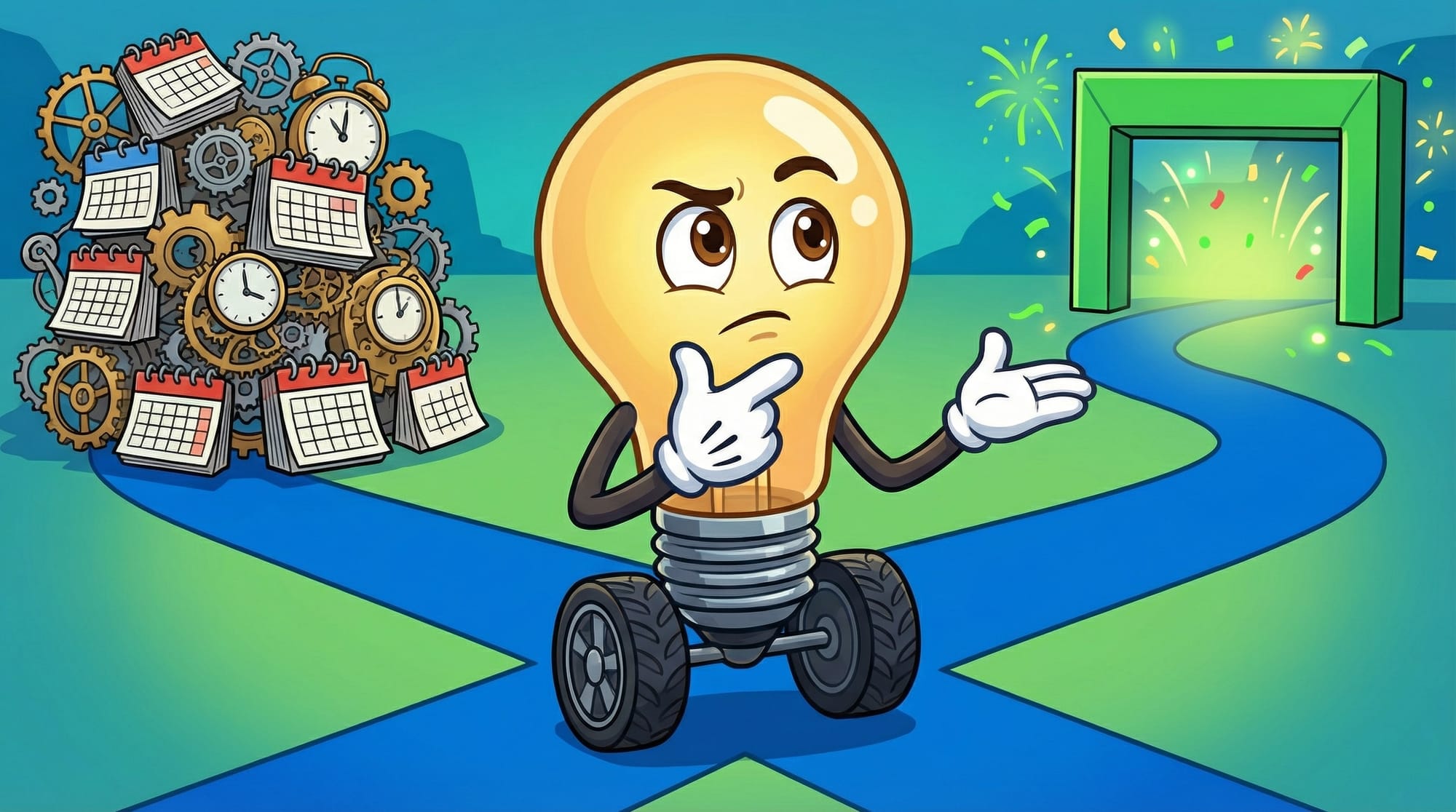 Flick the lightbulb mascot thoughtfully considers two paths: one leading to chaotic calendar blocks, the other to a bright...