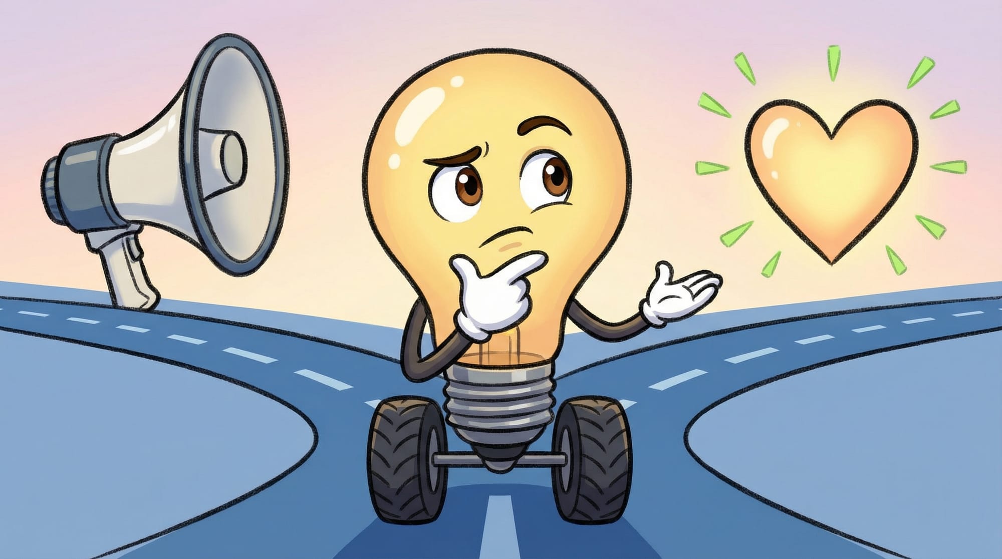 Flick the lightbulb mascot pauses at a forked road, hand on chin, eyes darting between paths leading to a megaphone and a ...