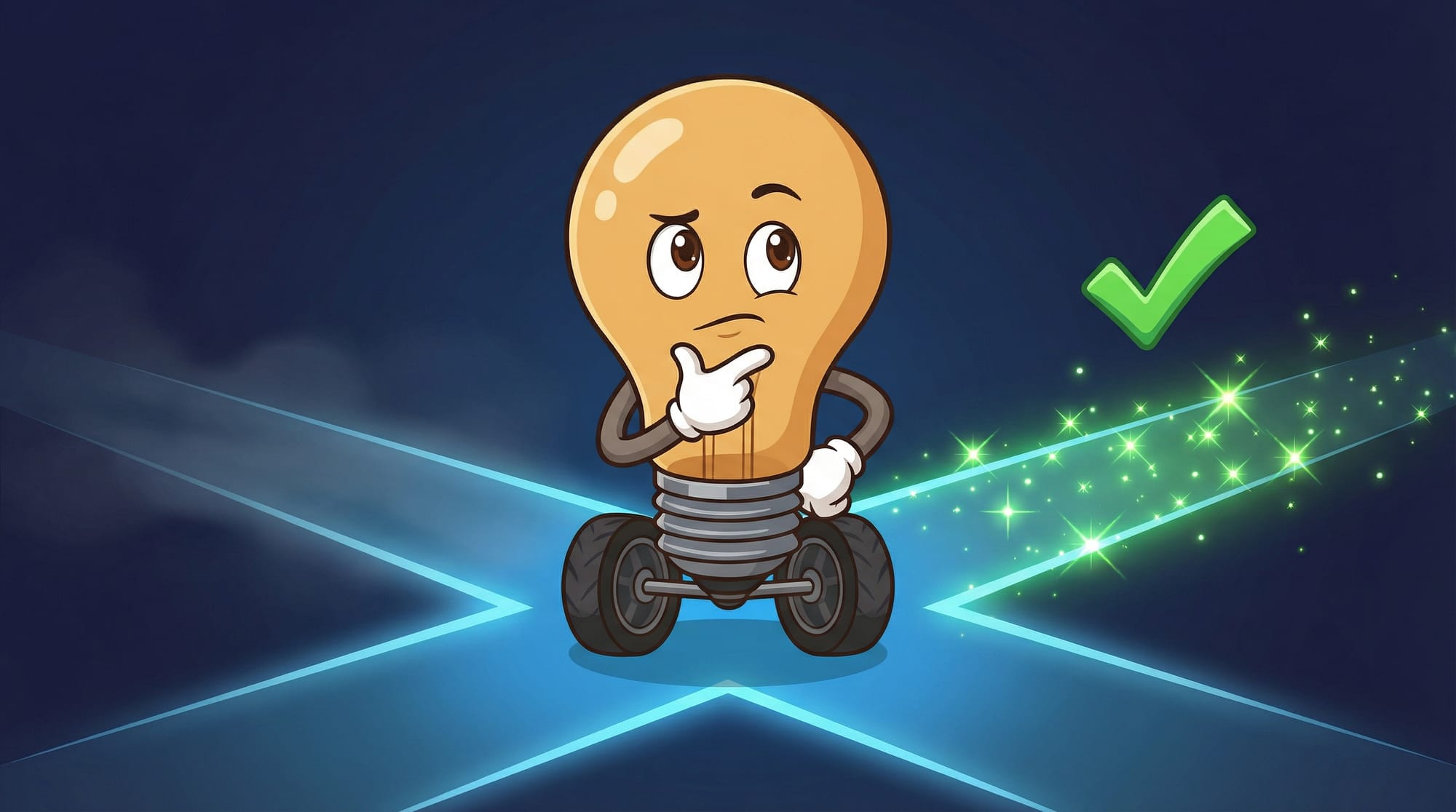 Flick the lightbulb mascot thoughtfully considers multiple diverging paths at a glowing blue crossroads, one gloved hand o...