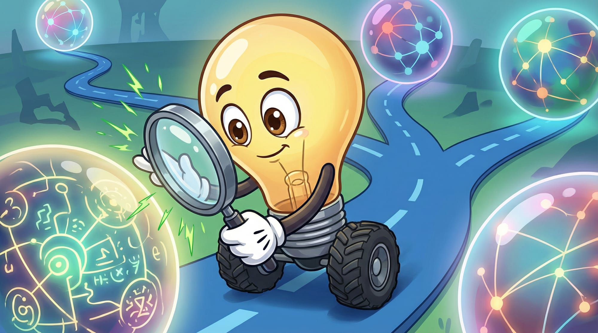 Flick the lightbulb mascot leans forward with narrowed eyes, examining three diverging paths through a magnifying glass em...
